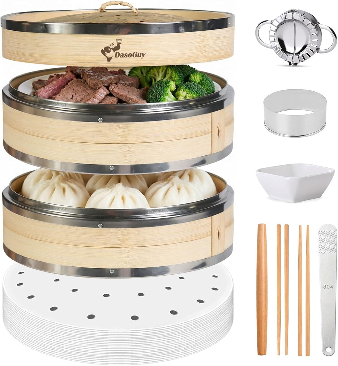 Bamboo Steamer Basket, Stainless Steel Reinforced Rim, 12-Inch 2-Tier Steamer