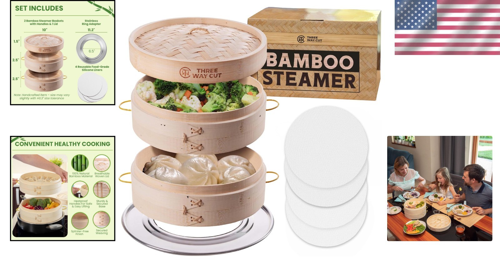 Bamboo Steamer 10 Inch 2 Tier Wooden Basket With Handles Reusable Silicone Li…