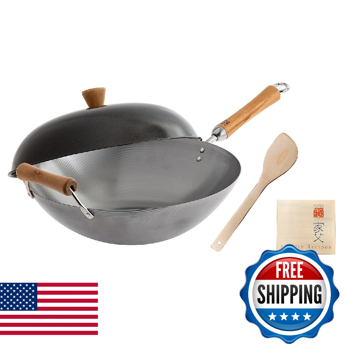 Joyce Chen Classic Series 14-Inch Uncoated Carbon Steel Wok Set Lid And Birch