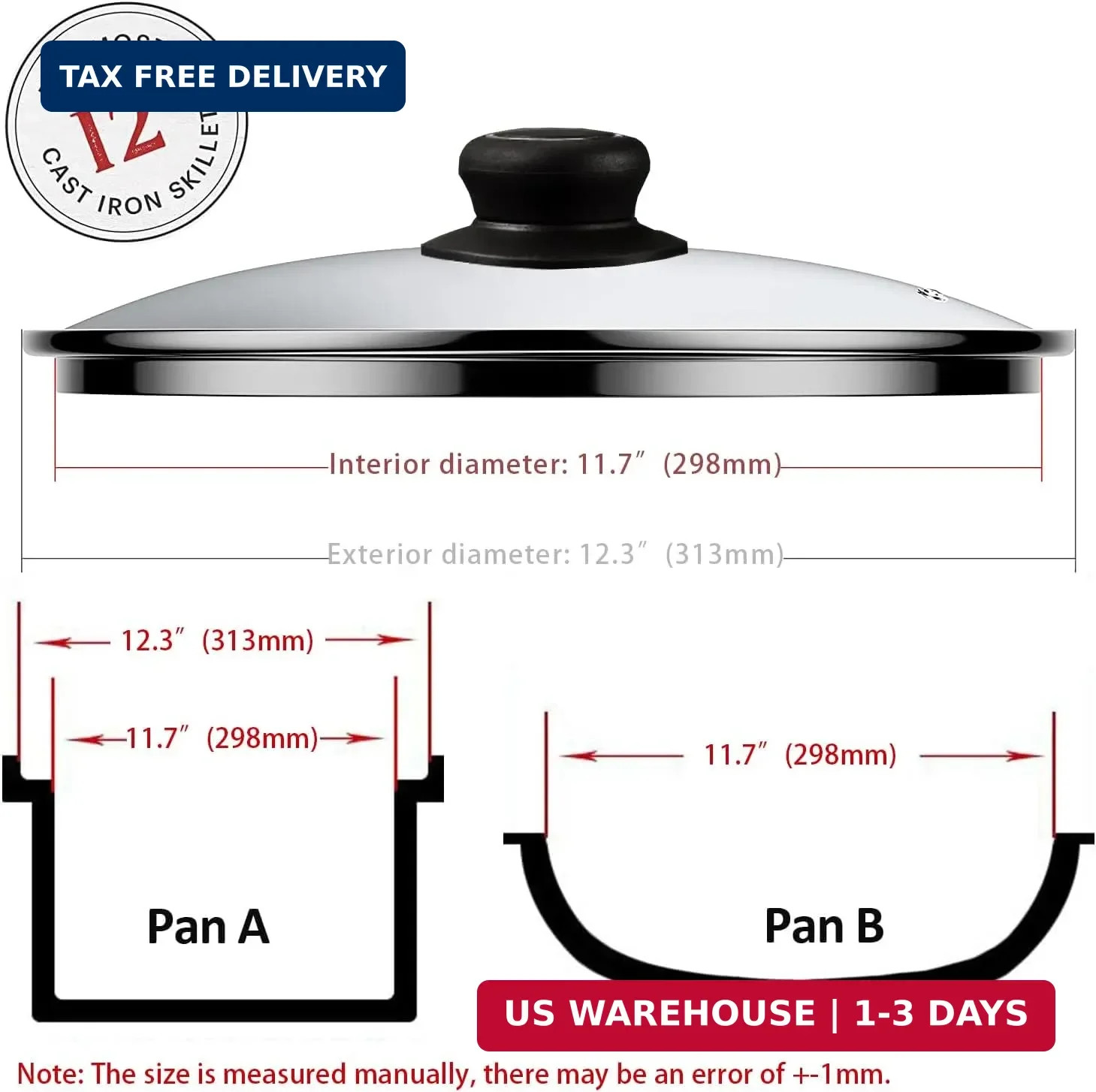 12 Inch Pan Lid – Glass Lids For Lodge 12″ Cast Iron Skillet, Frying Pan, Wok, P