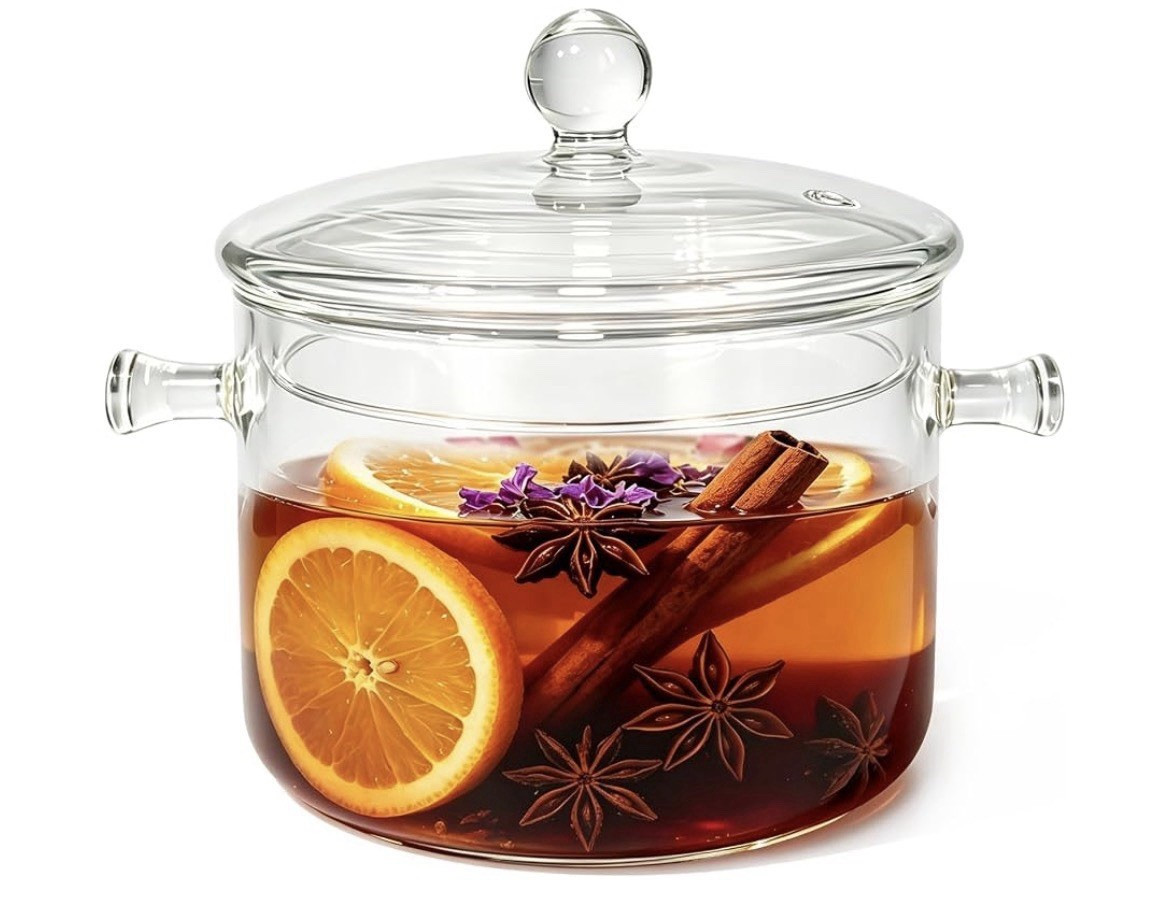 Clear Glass Stockpot w/ Lid, Double Handles, 50 oz, Microwave Safe, 450°F