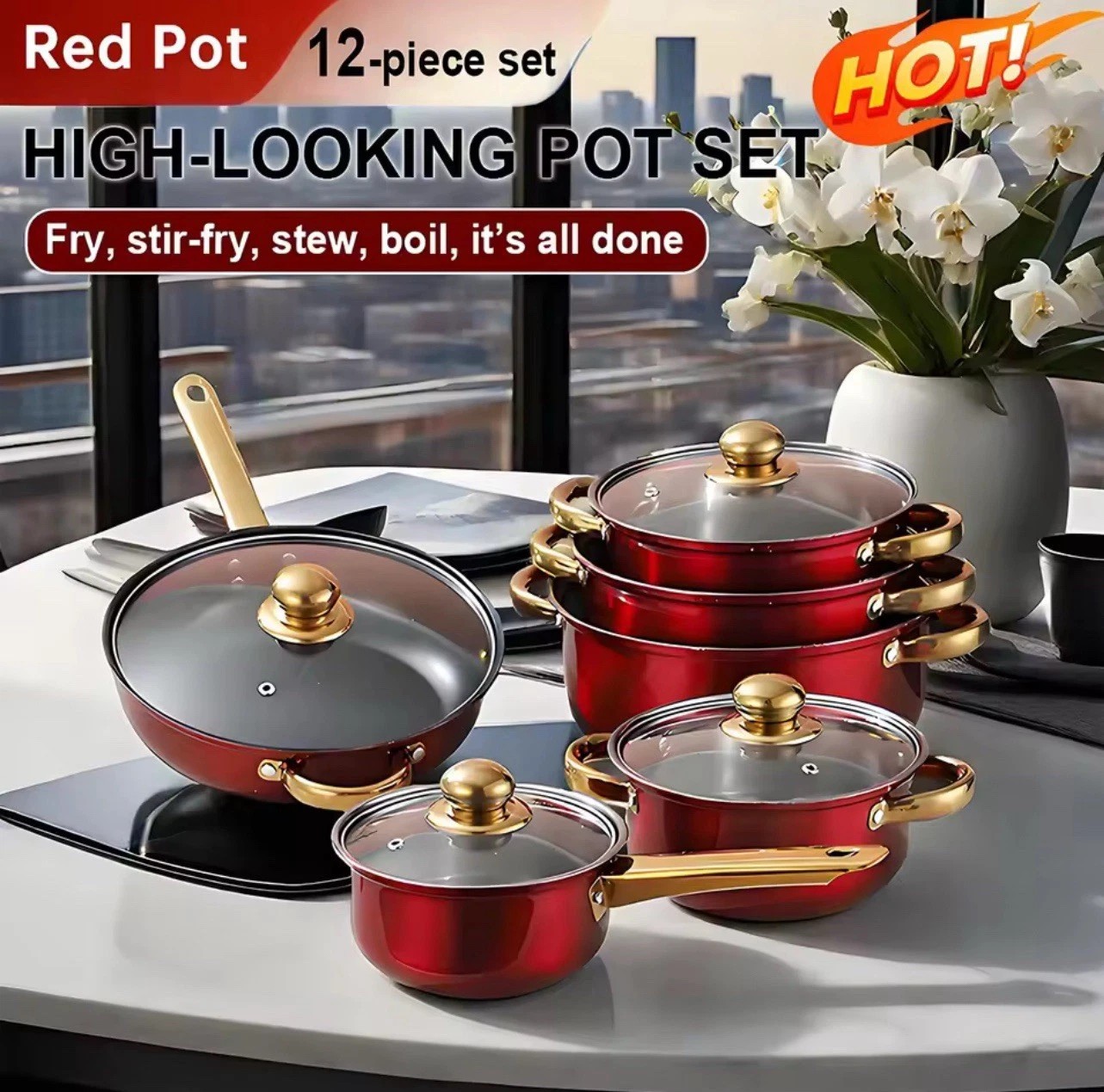 12 Piece Cookware Set Nonstick Pots and Pans Home Kitchen Cooking Non Stick, Red