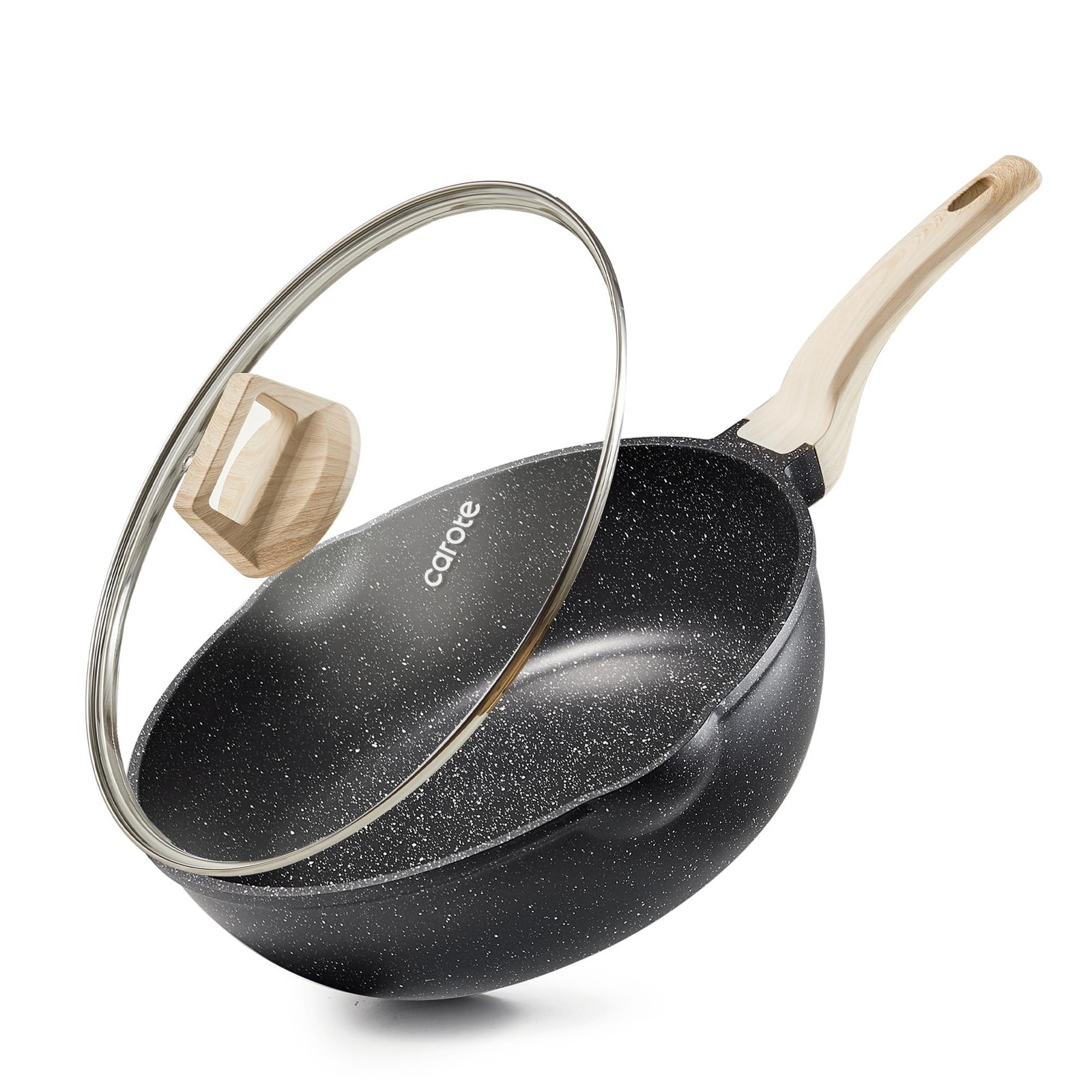 CAROTE 12 Inch Nonstick Deep Frying Pan with Lid, 5.5 Qt 12″, Classic Granite