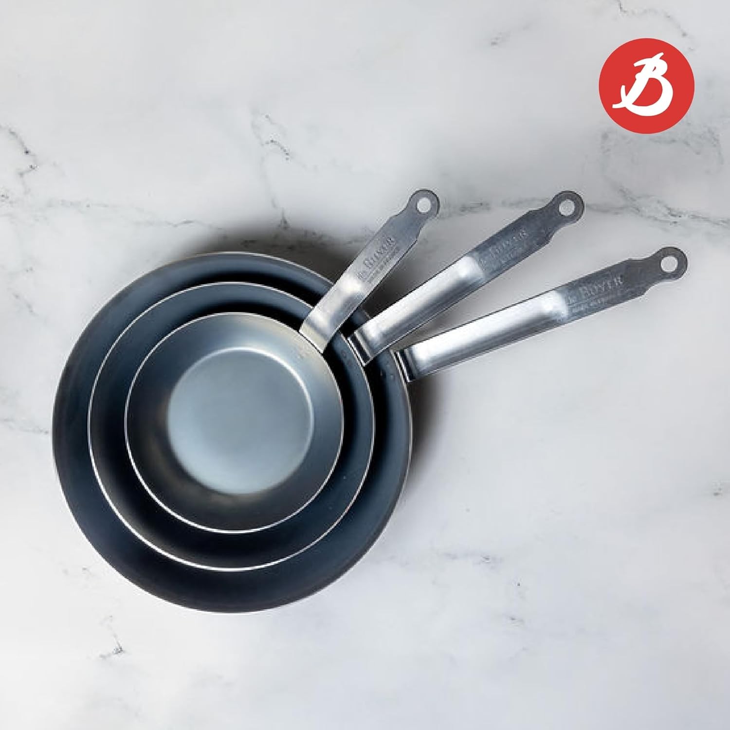 De Buyer Blue Carbon Steel Fry Pan 2mm Thick 9.5” Diameter, 6.9” Cooking Surface