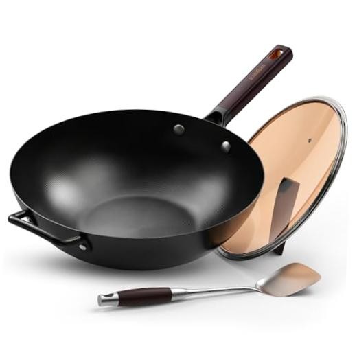 13.5″ Carbon Steel Wok Pan – Pre-Seasoned Flat 13.5-Inch Wok with Glass Lid