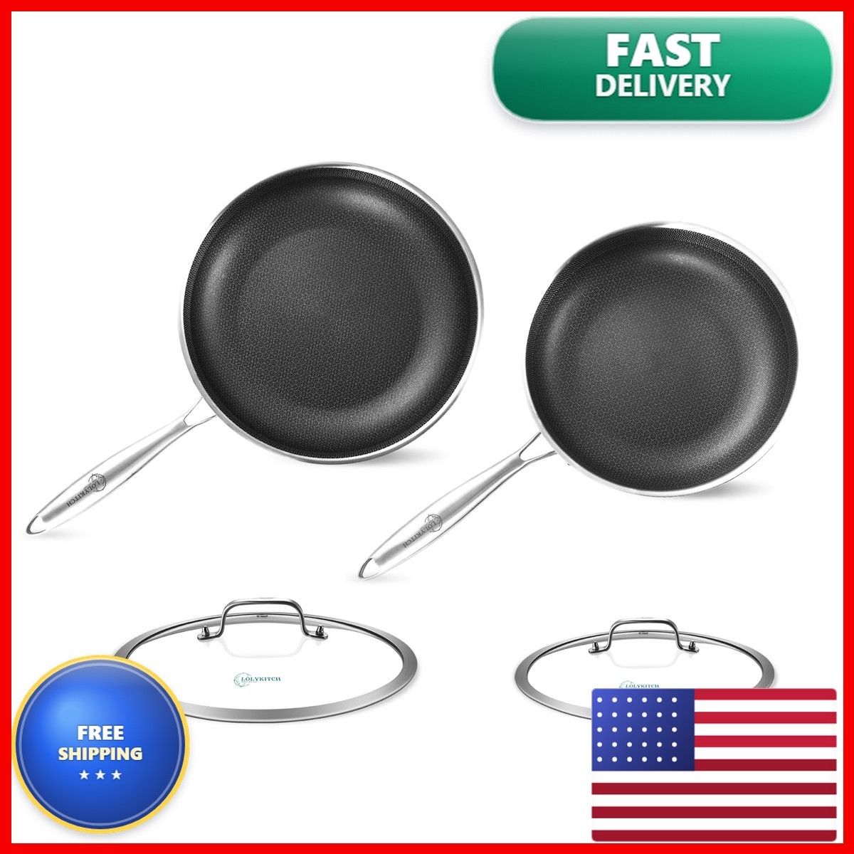 Lolykitch 10-12 Inch Tri-Ply Hybrid Nonstick Stainless Steel Saut Pan Lidsdeep