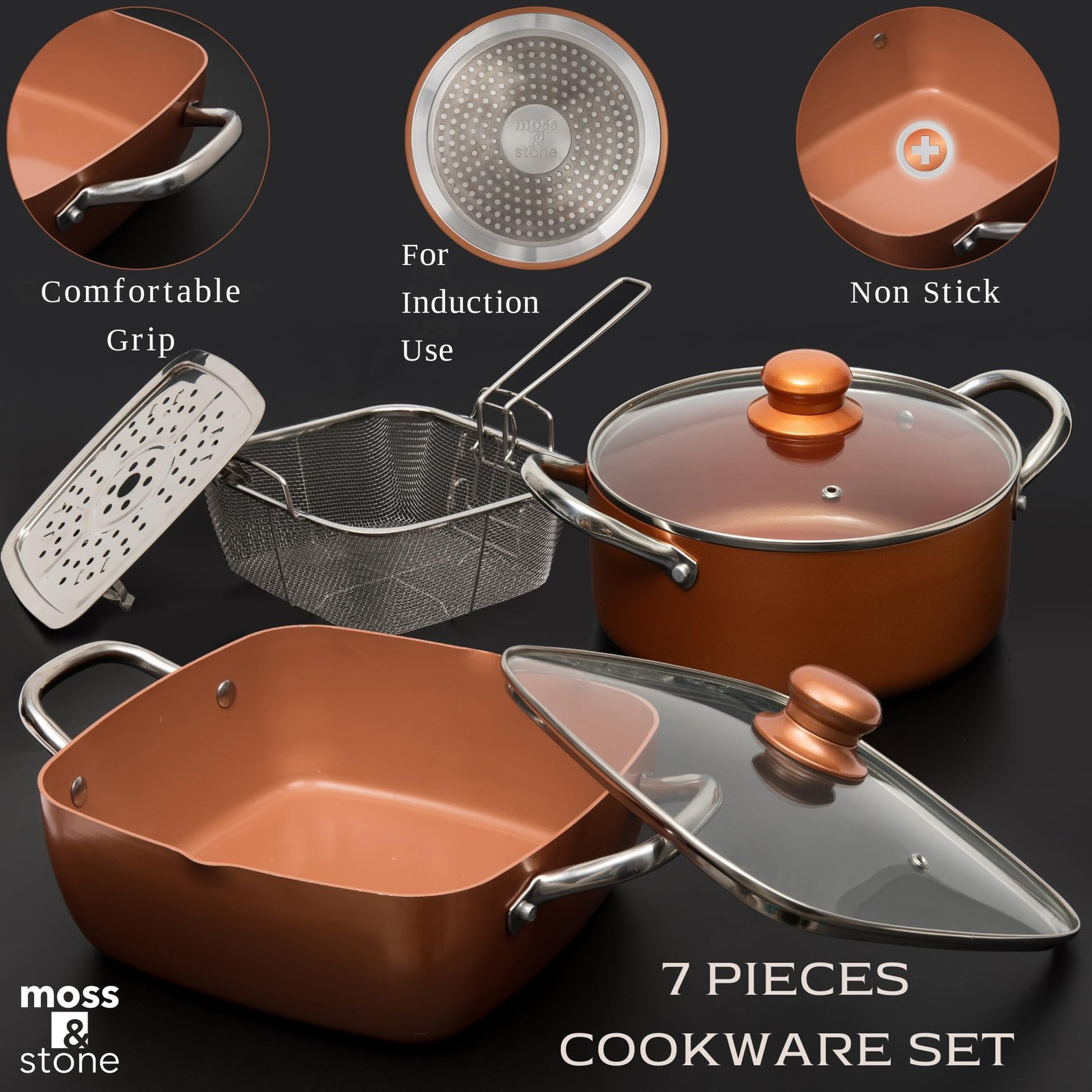Moss & Stone 7PC Copper Nonstick Square Deep Frying Pan 5Qt Round Pot Basket Set