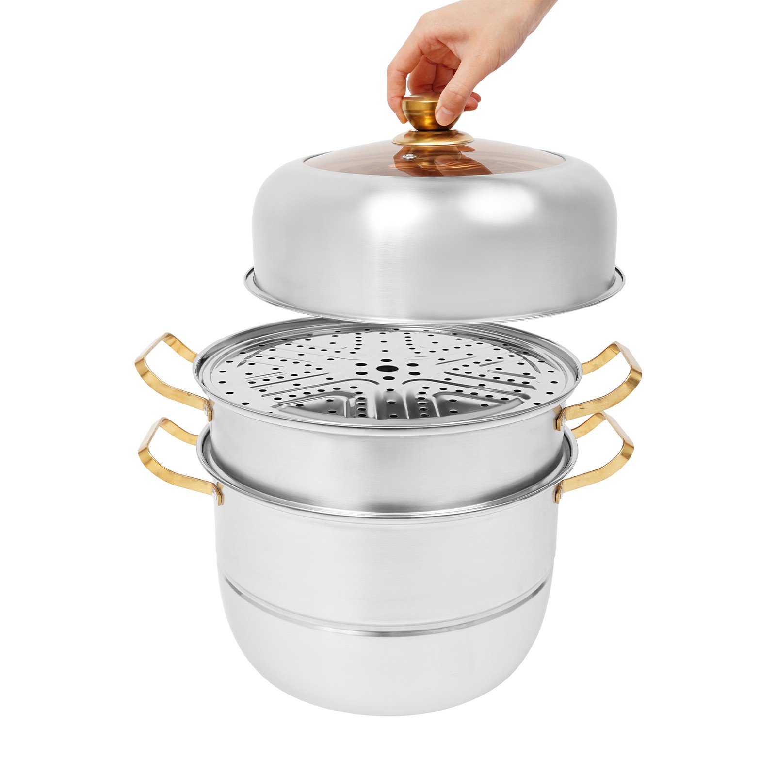 Steam Cooker, Stainless Steel Steam Cooker, 3-tier Steam Cooker Silver+Gold