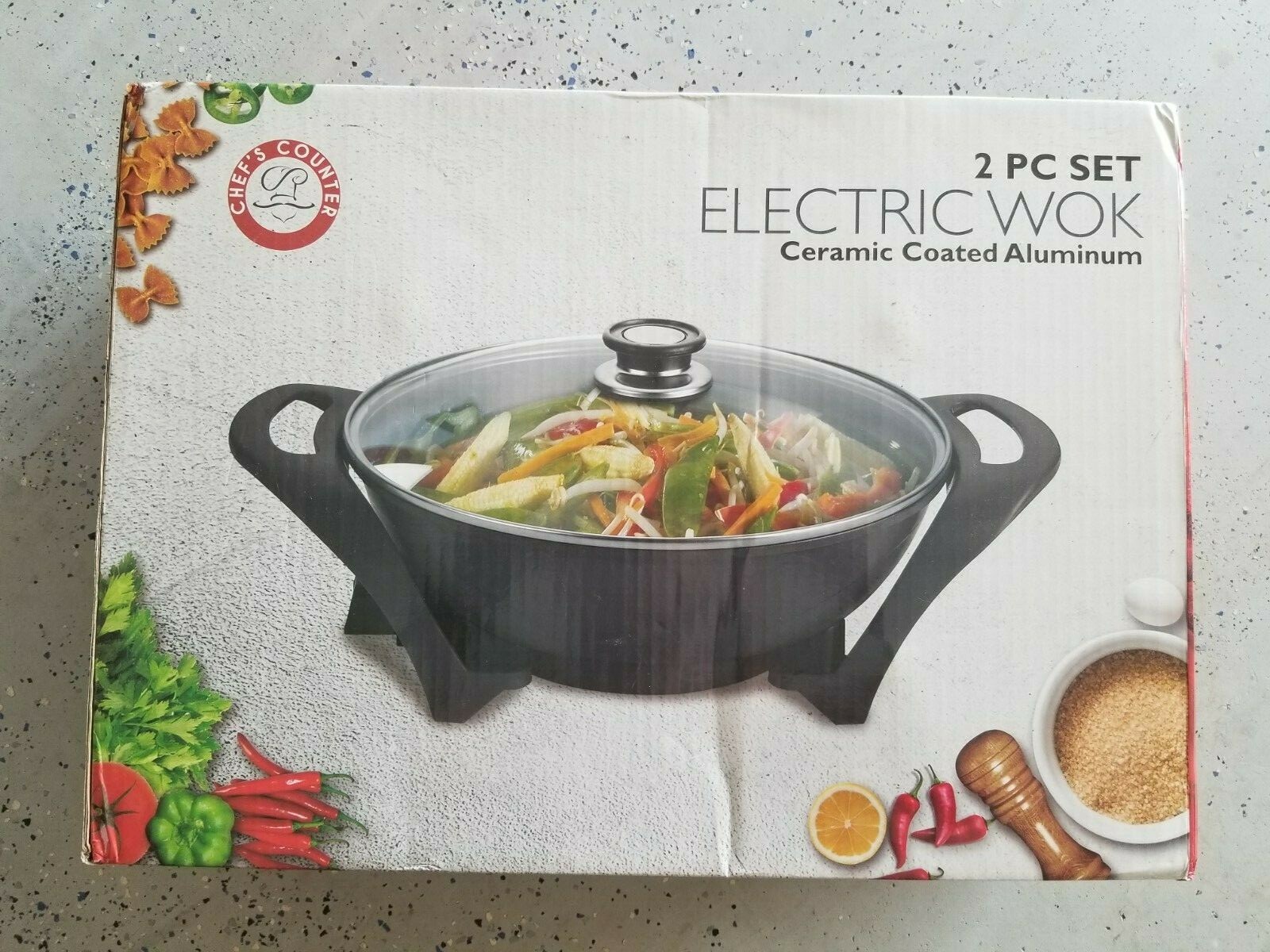 Chef’s Counter 2 Pc Electric Wok, 2 Layer Non Stick Coating & Tempered Glass Lid