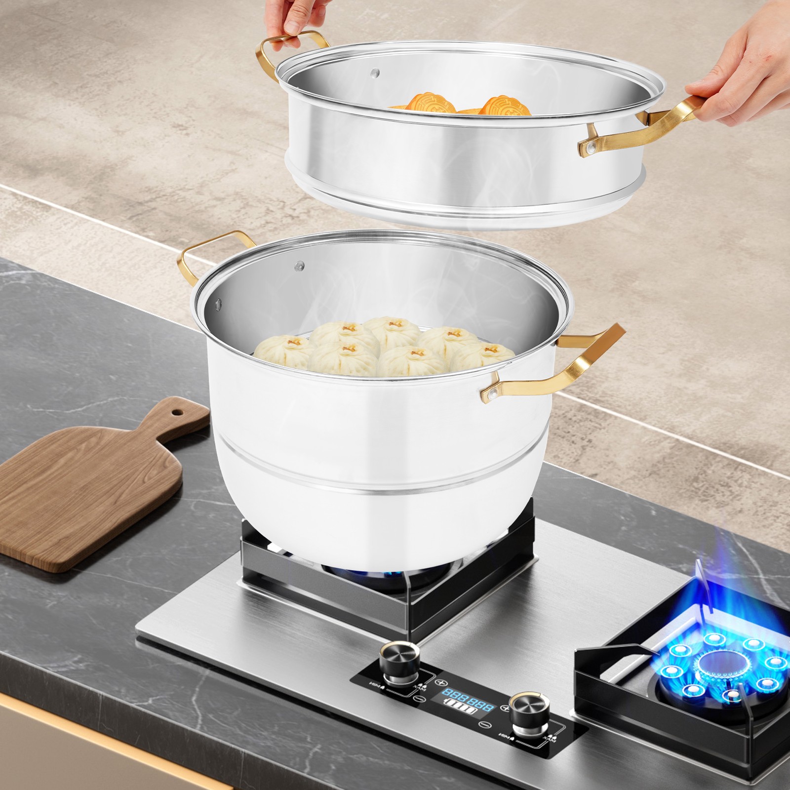 Steam Cooker, Stainless Steel Steam Cooker, 3-tier Steam Cooker Silver+Gold