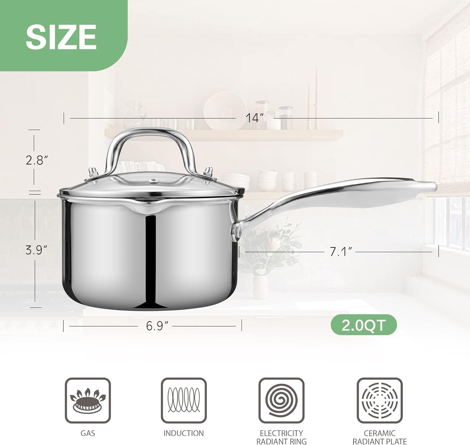 2.0 Quart Stainless Steel Pot Saucepan with Glass Strainer Lid, Sauce Pot with