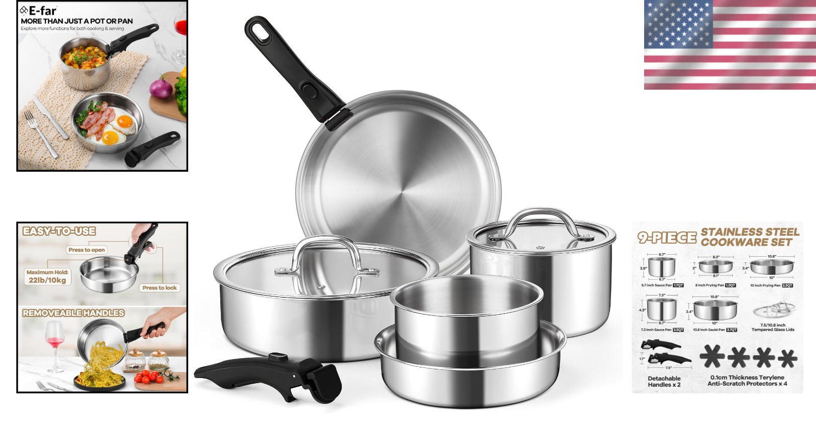 9-Piece Non-Toxic Stainless Steel Cookware Set for Induction & RV Use
