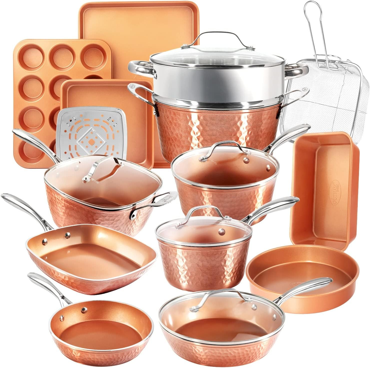 Gotham Steel Hammered 20 Pc Ceramic Cookware Set Nonstick, True Ceramic Pots and