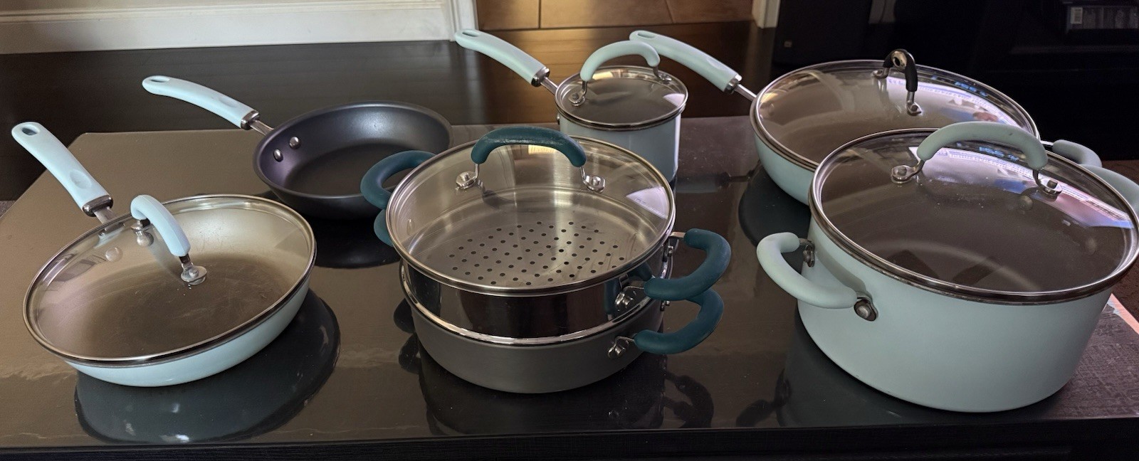 7-Piece + 5 lids Rachel Ray Blue Nonstick Cookware Set w Glass Lids