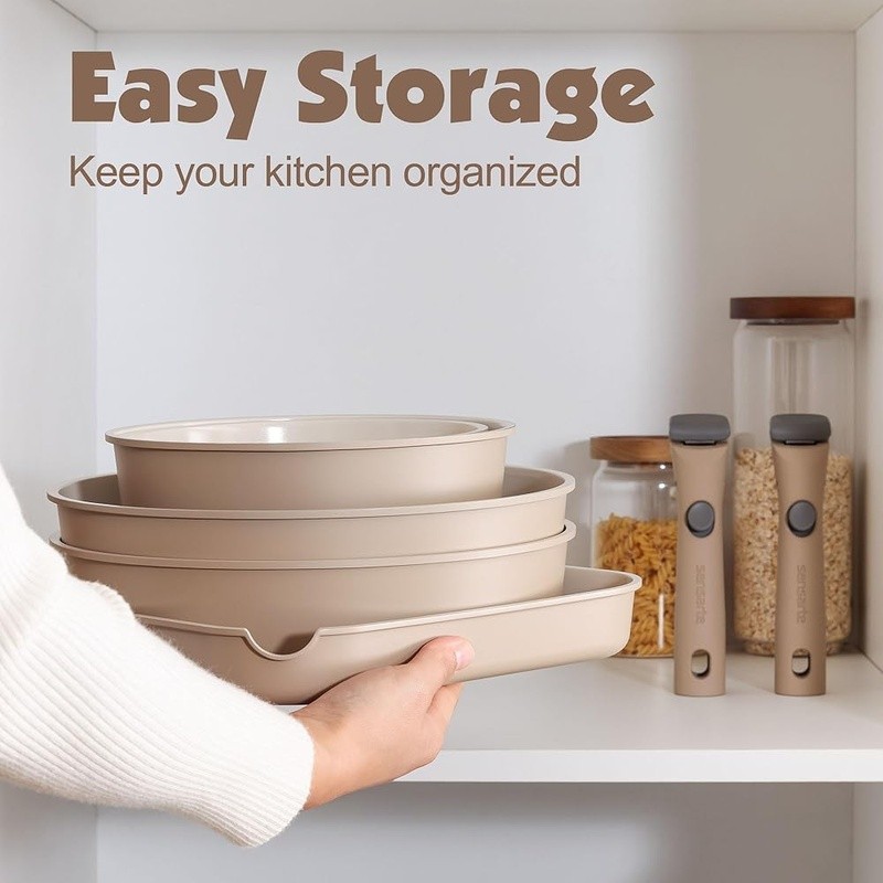 17 Piece Nonstick Ceramic Cookware Set Stackable Removable Handle Safe New