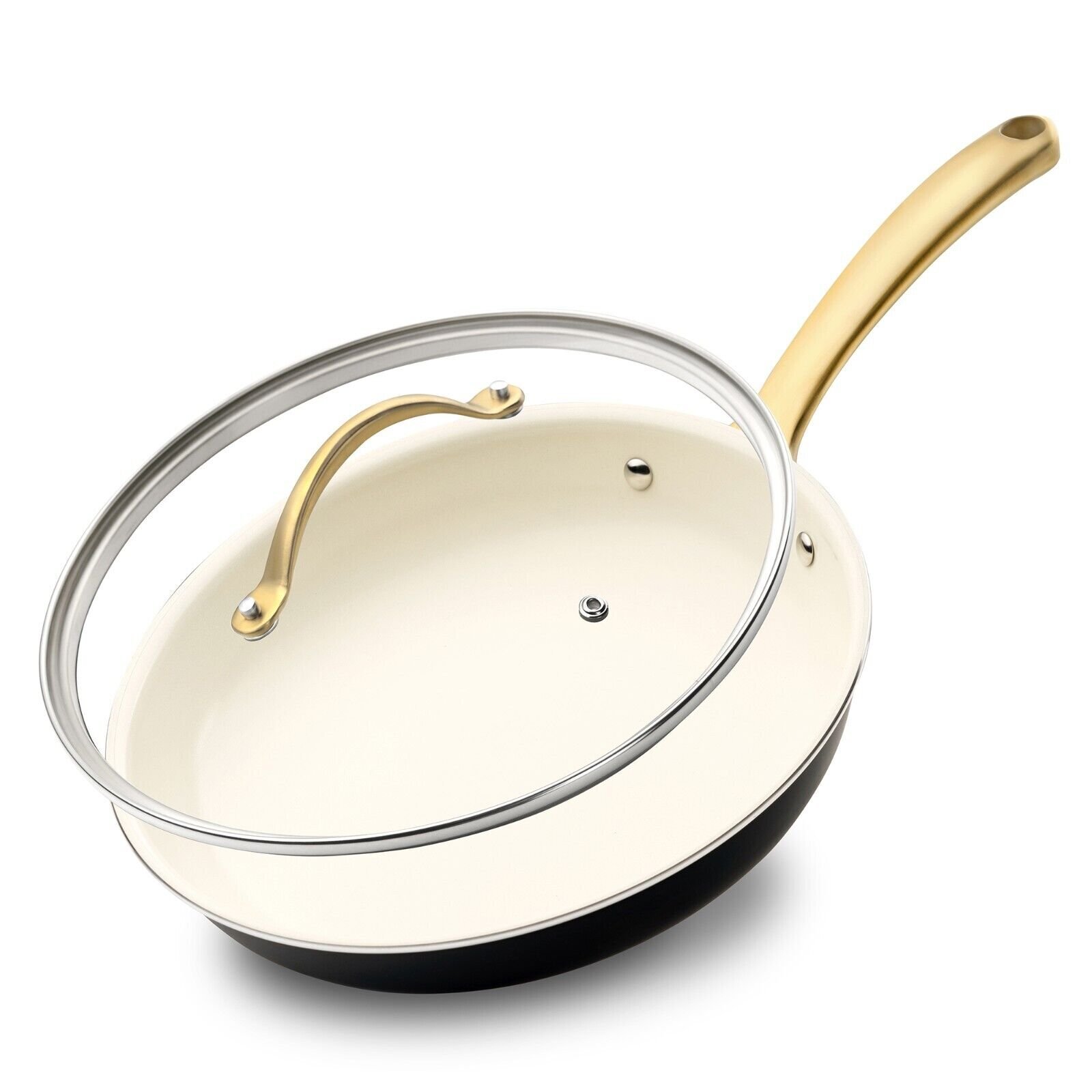 Nutrichef 12” Large Fry Pan w/ Lid- Non-stick Silicone Handle NCHGLDX12