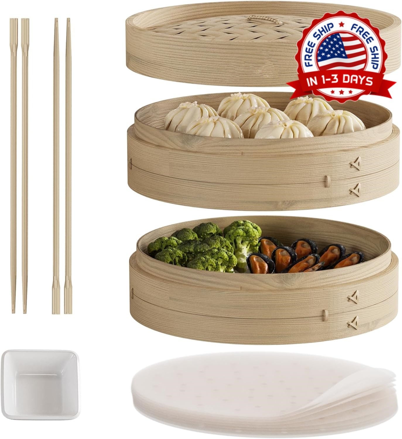 Cesta vaporera de bambú de 2 niveles y 10 pulgadas para albóndigas Dim Sum