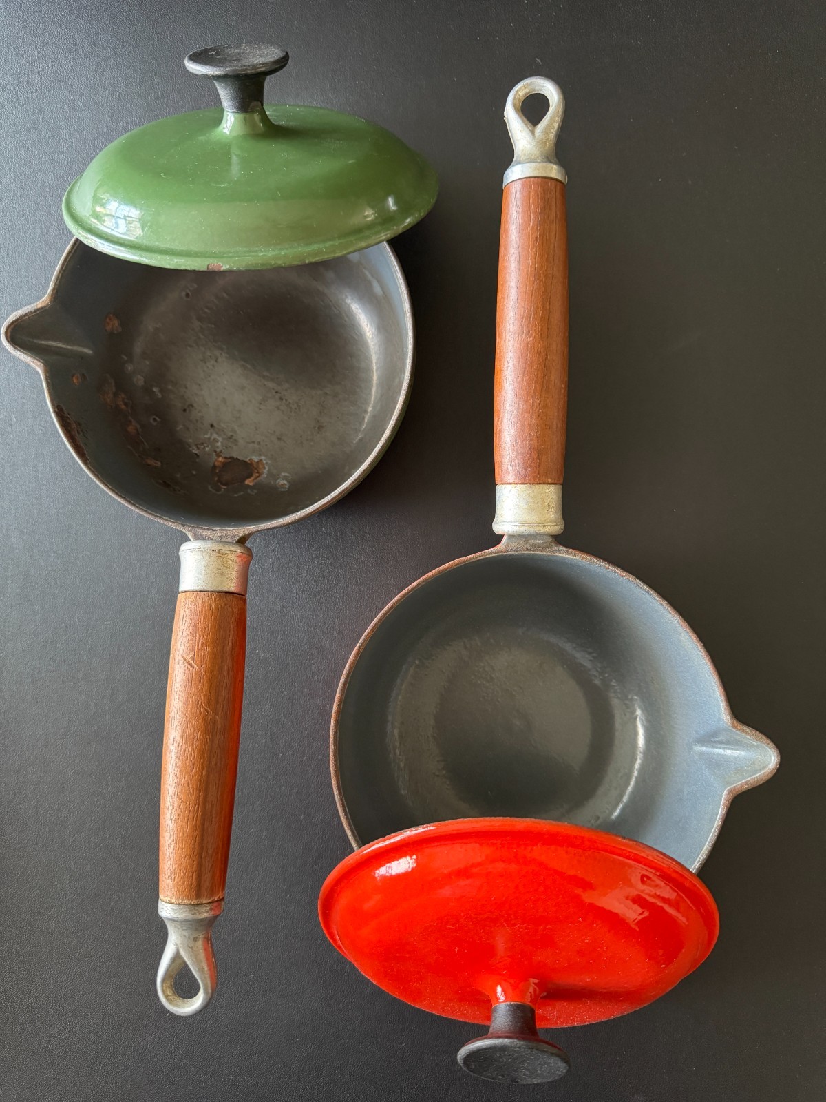 2 Vintage Lavec 1 Quart Saucepans Enameled Cast Iron: Red & Green w/Wood Handles