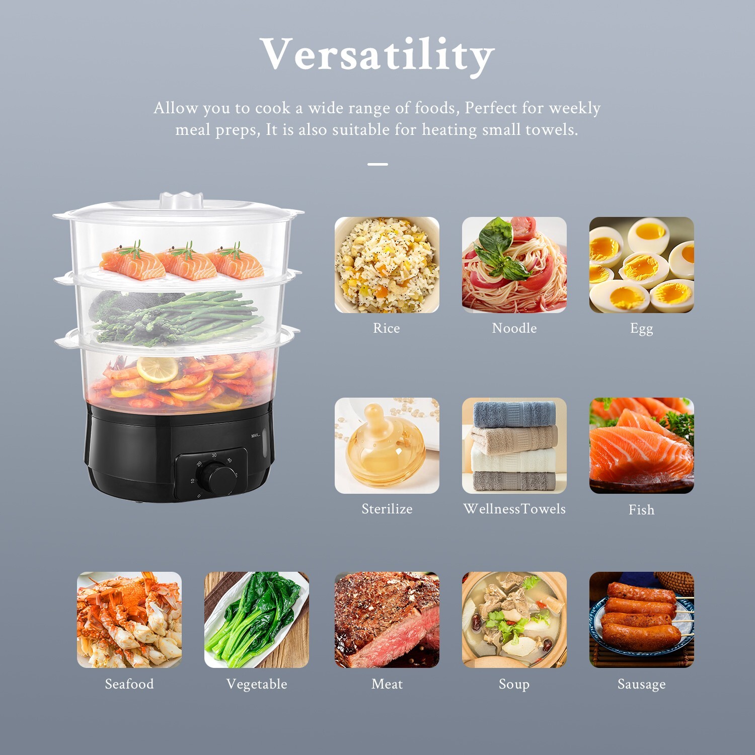 13.7QT Steamer, 3-Tier BPA-Free, 800W, 60-Min Timer, for Veggies & Rice