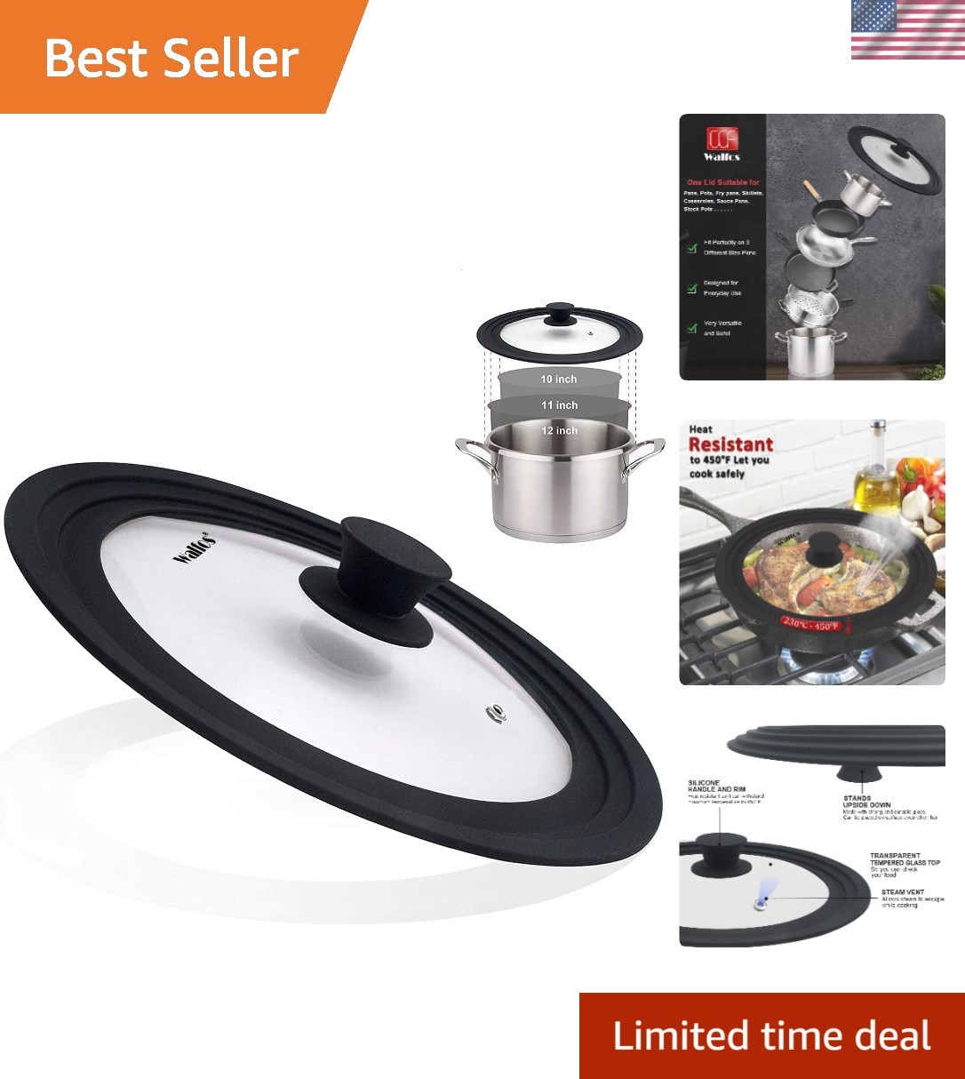 Elegant Universal Lid – Tempered Glass & Silicone Rim for 10, 11, 12 Cookware
