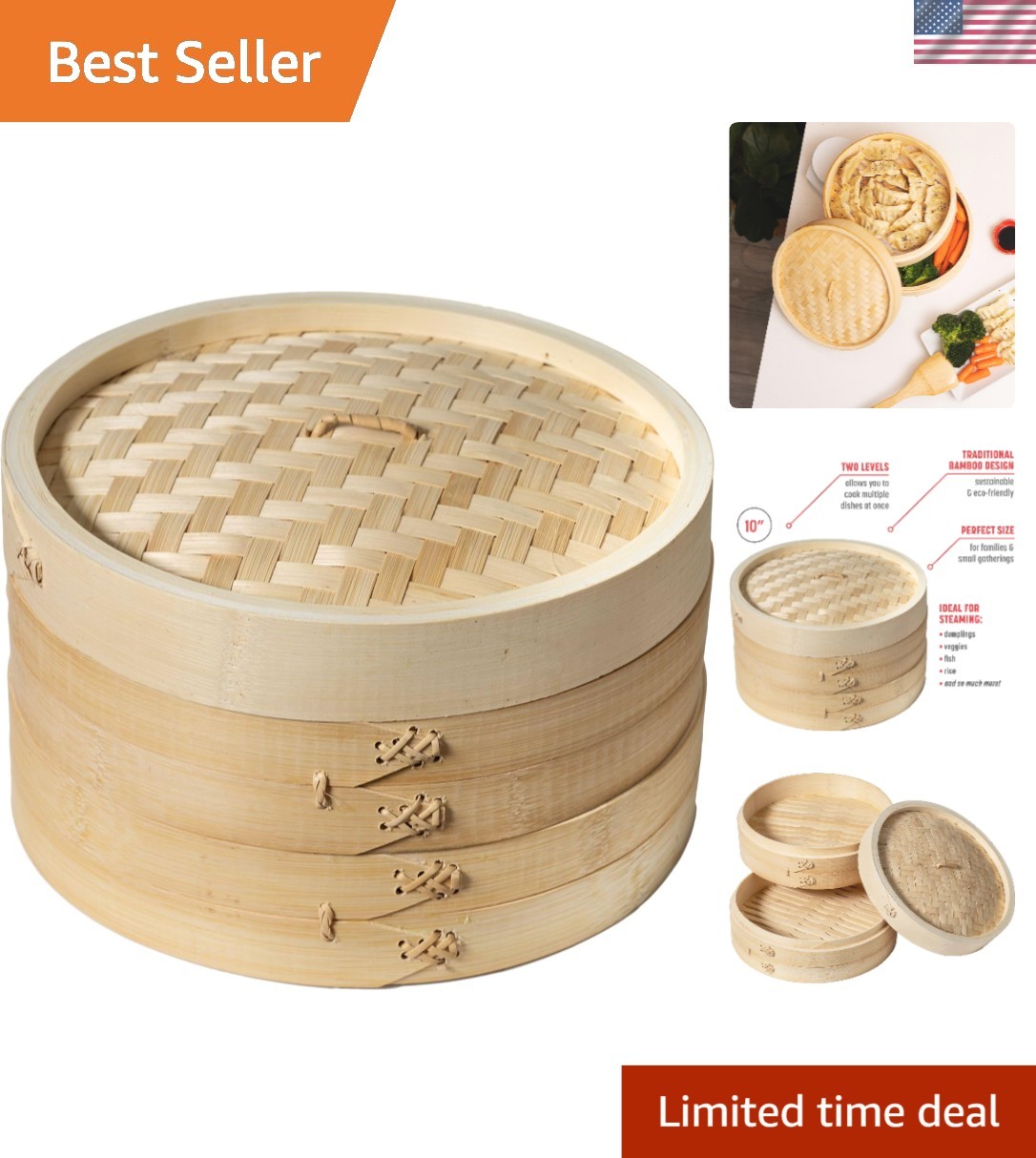 Joyce Chen 2-Tier Bamboo Steamer Baskets, 10-Inch for Gourmet Home Cooking