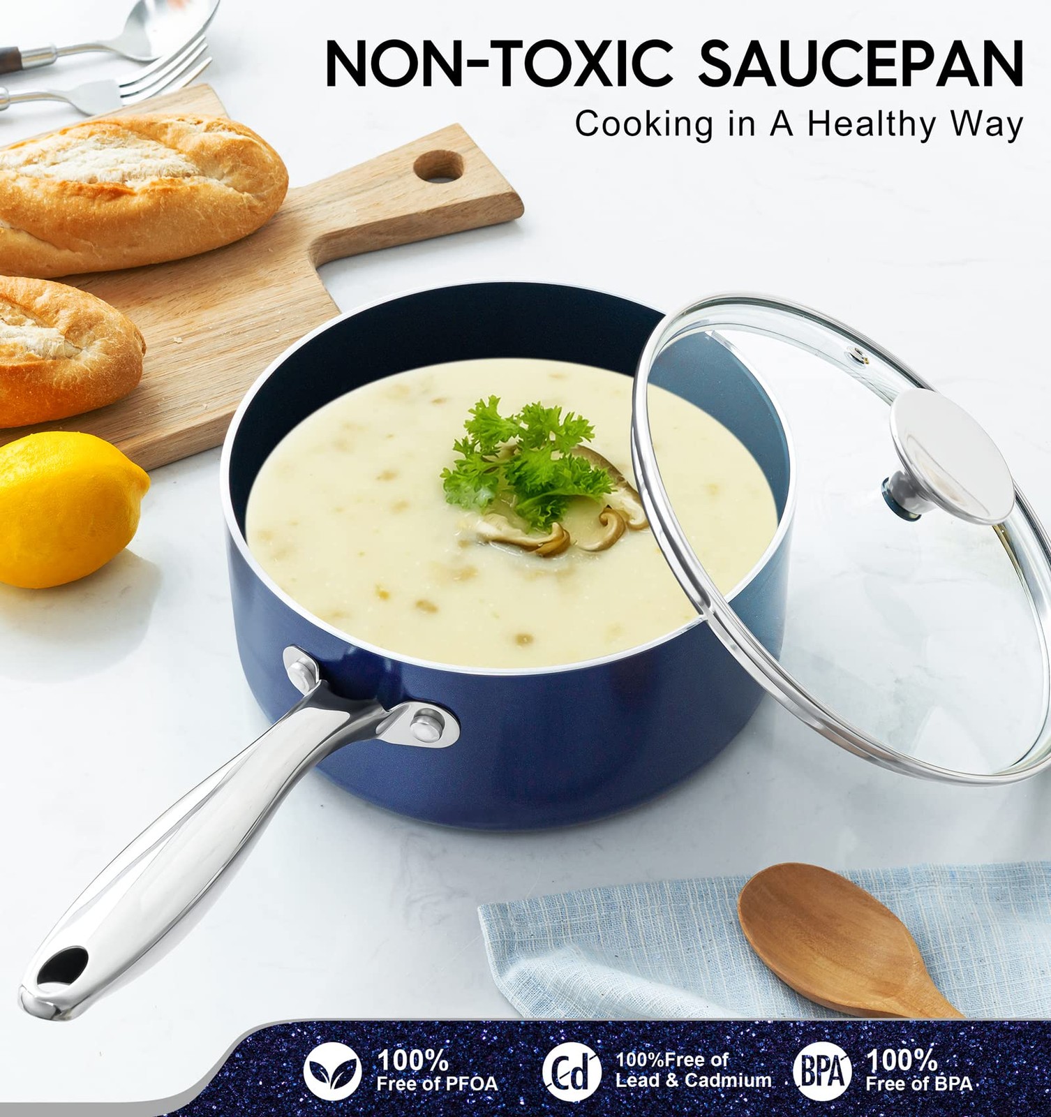 Saucepan With Lid 3 Quart Nonstick Ceramic Stainless Handle Blue Oven Safe