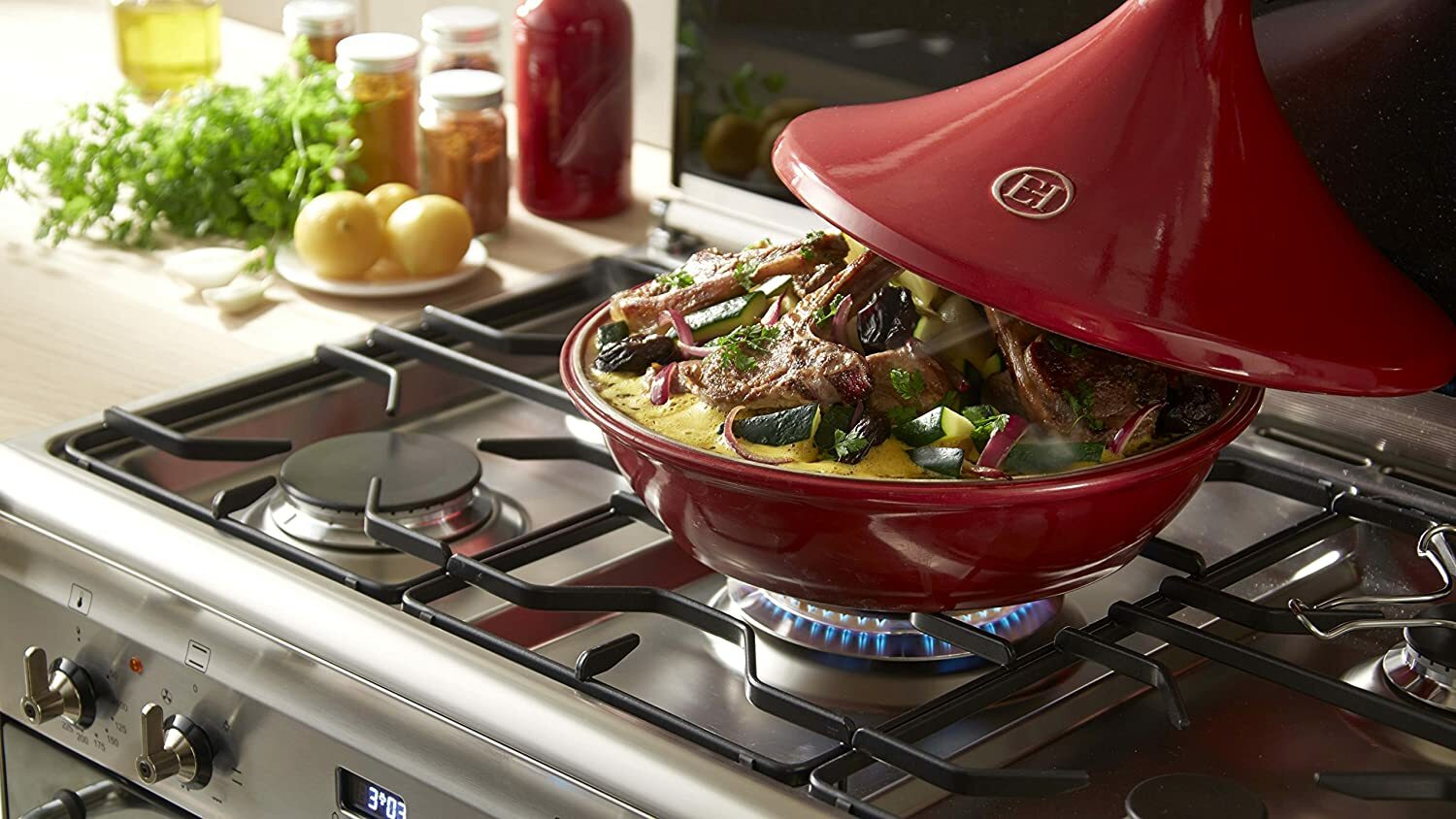 New Emile Henry Flame Ceramic Tagine 2.6 Quart Red Cone Lid – Versatile Cookware