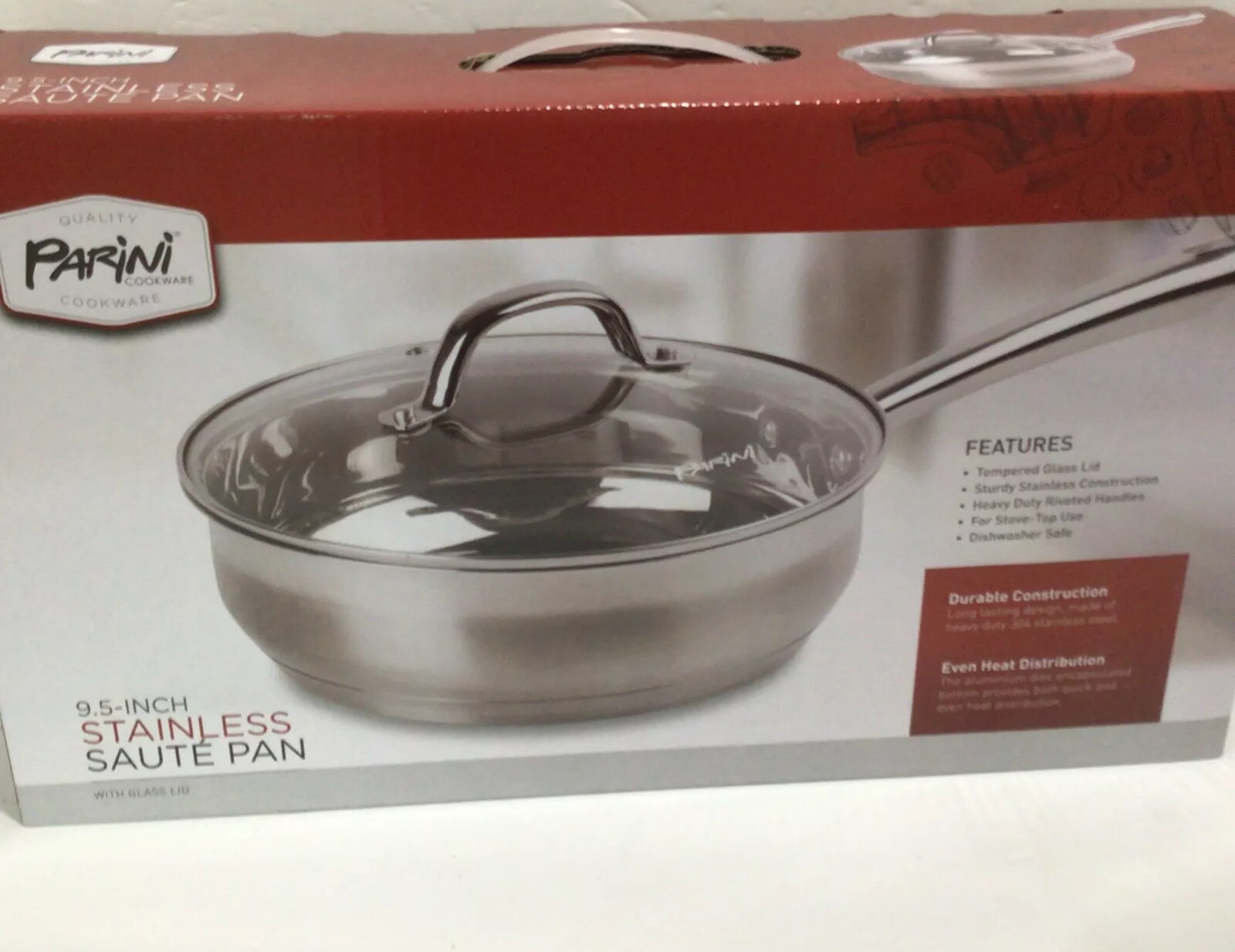 Parini Cookware Stainless Saute Pan w/Glass Lid 9.5 In.Stove Top,Dishwasher Safe