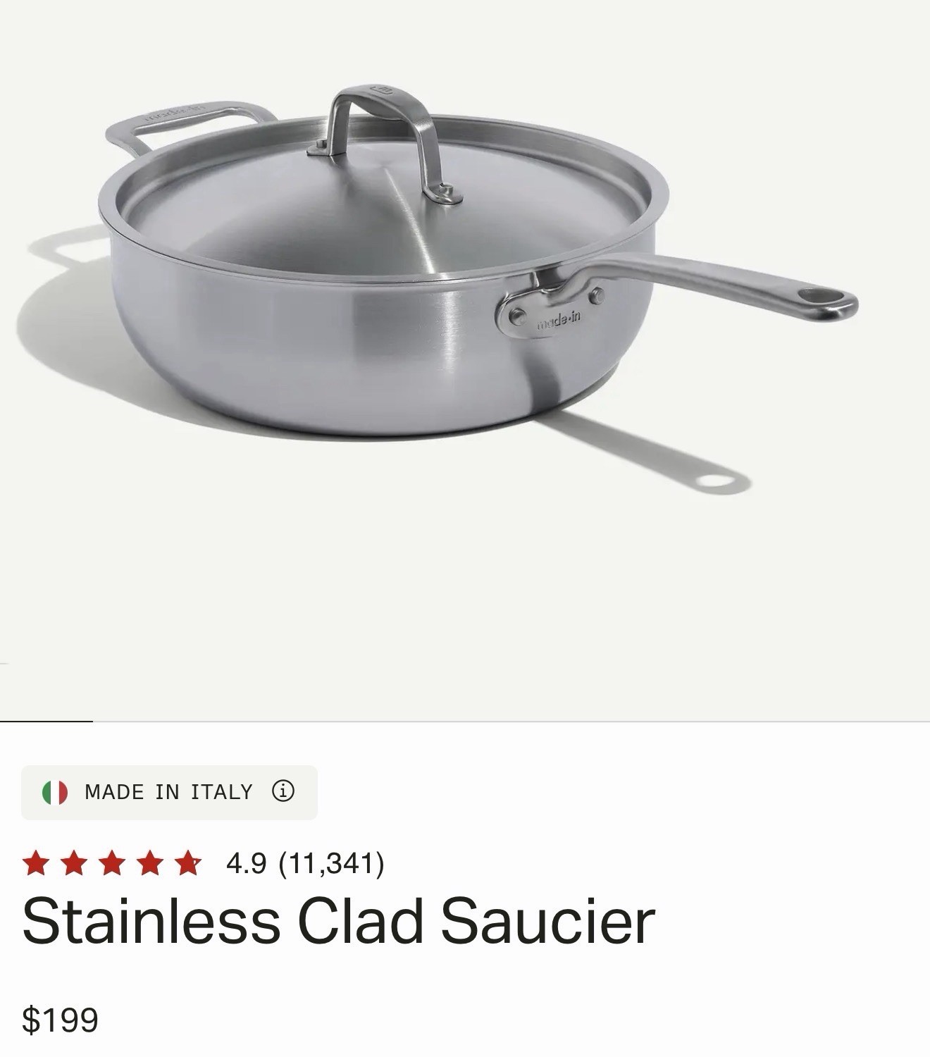 Made In | 5 qt Stainless Steel Saucier Pan with Lid | Induction/Electric/Gas