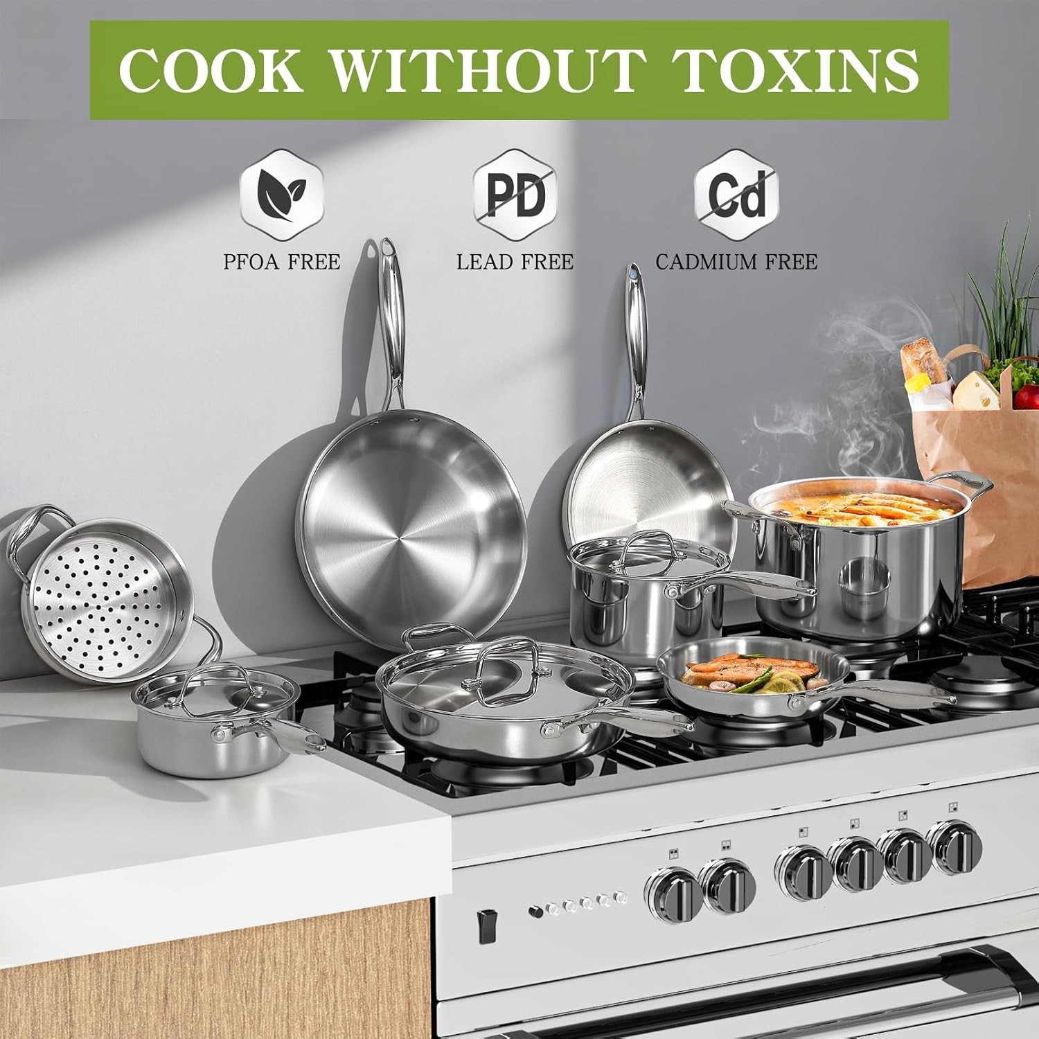 12-Piece Triple Ply Stainless Steel Cookware Set – Induction & Dishwasher Safe