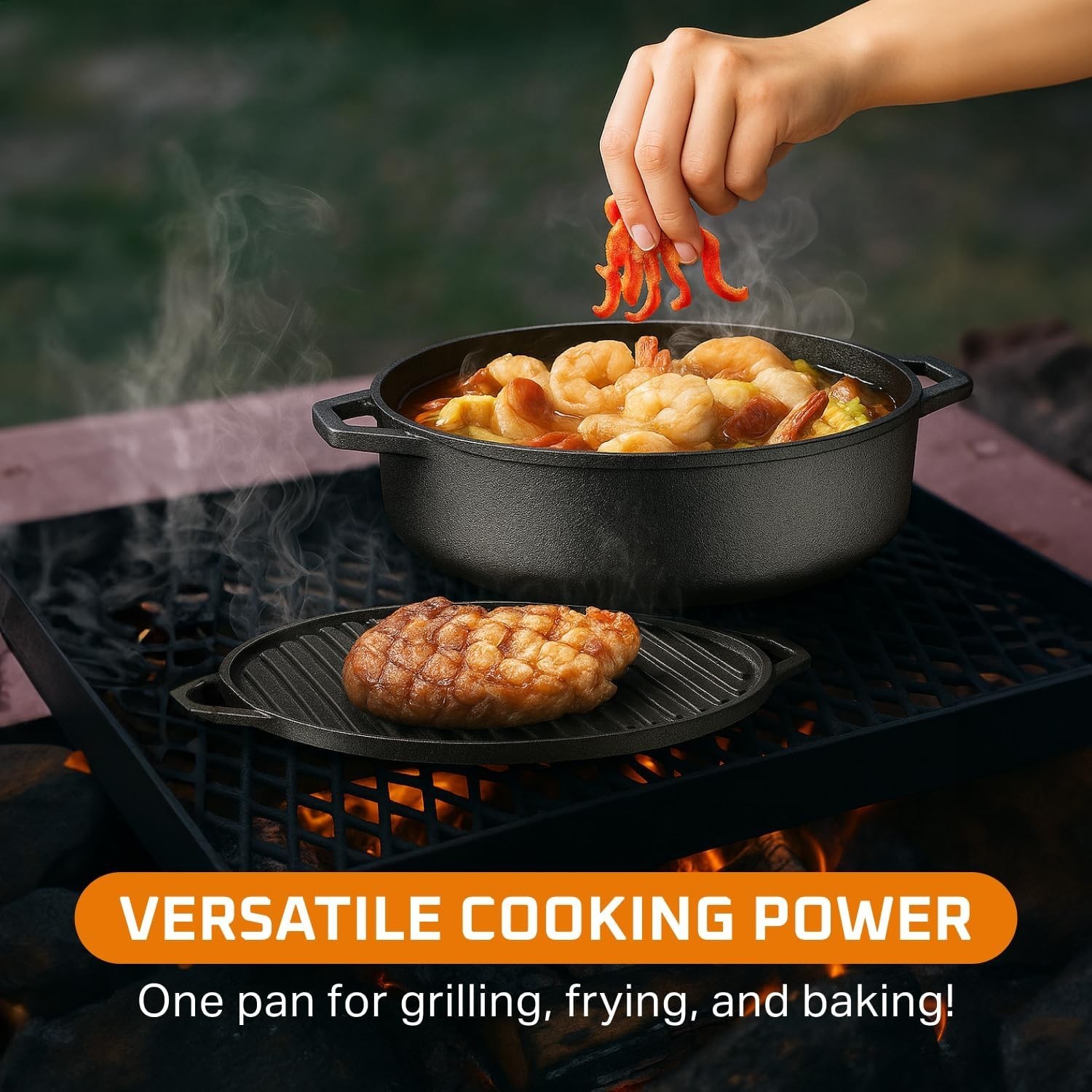 6.8 Quart Cast Iron Skillet W/ Reversible Grill Griddle Lid 3-in-1 Round