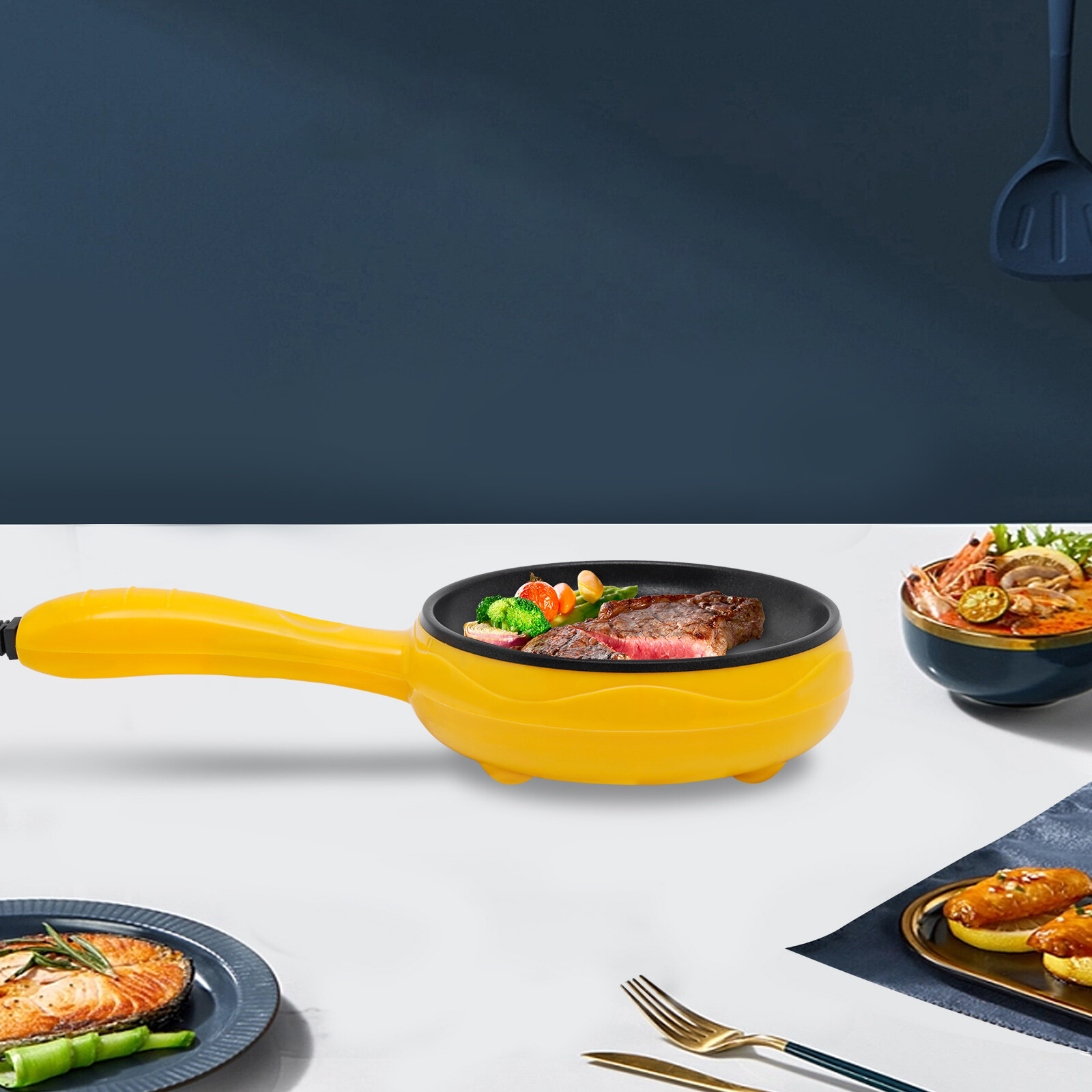 110V Stainless Steel Non-Stick Electric Skillet Yellow Mini Round Frying Pan
