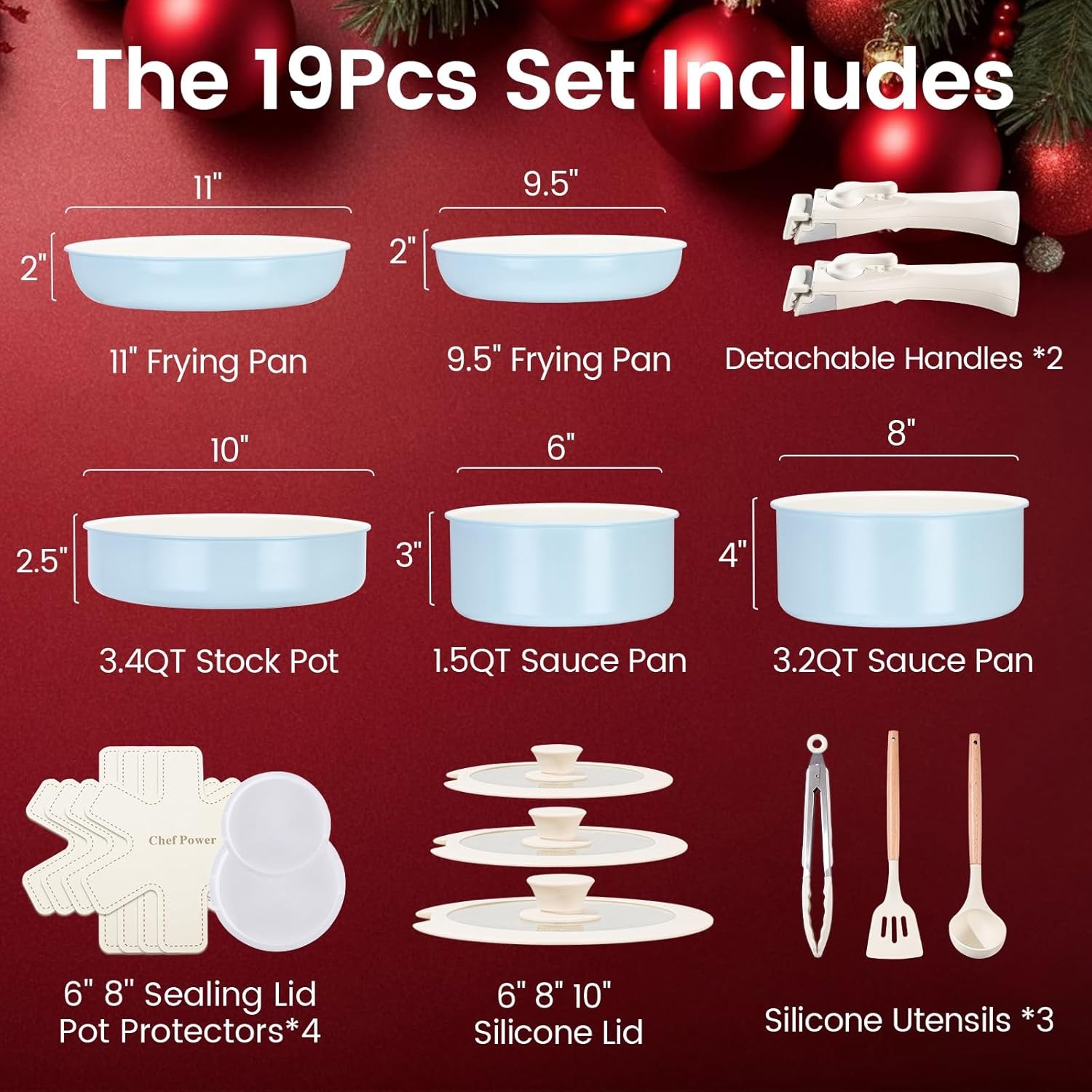 Chef Power Ceramic Nonstick Pots and Pans Set 19 Piece with Detachable Handle, I