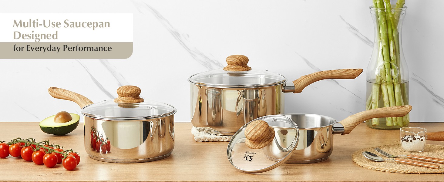 Stainless Steel Pots, 6 Piece Sauce Pan Set with Lids, 1QT, 2QT, 3QT Stainless