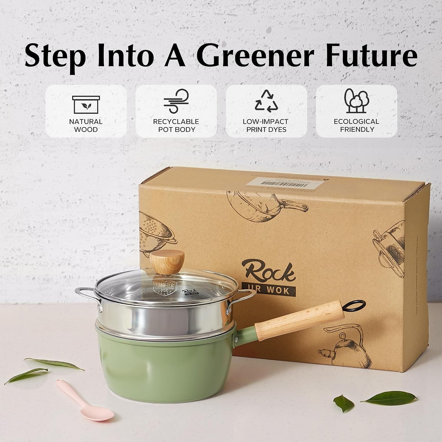 Ceramic Nonstick Sauce Pan 3 QT Pot W/ Steamer Non Toxic & PFAS-Free Wooden