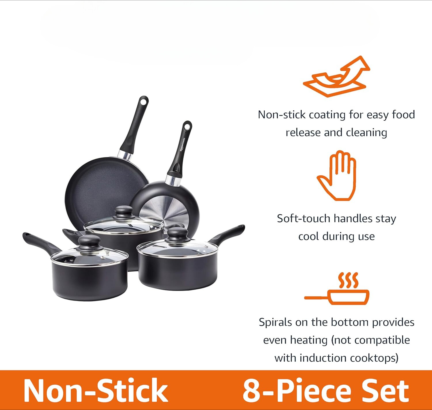 Non Stick Kitchen Cookware 8-Piece Set, Non-Induction, Includes Pots and Pans