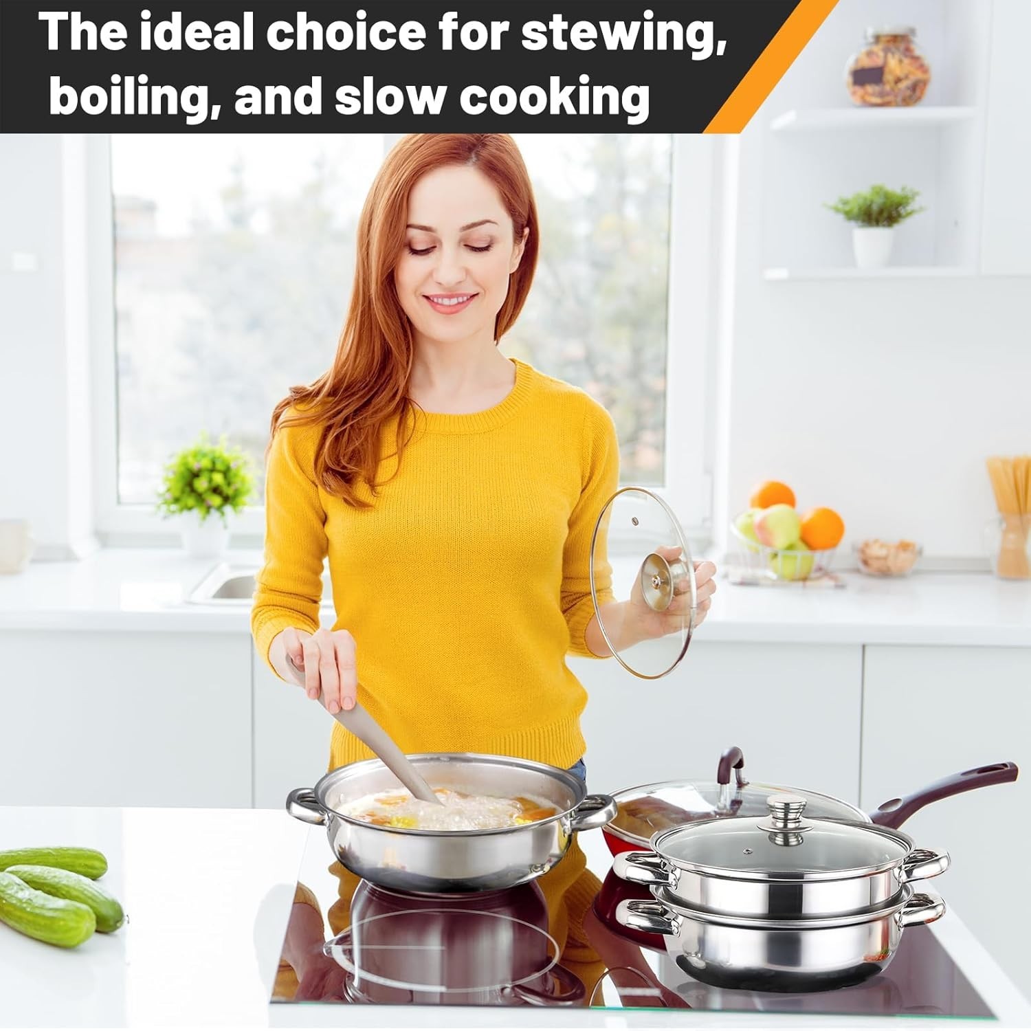 2-Tier 28cm 304 Stainless Steel Steamer Pot with Glass Lid,for Dumplings, Sea…