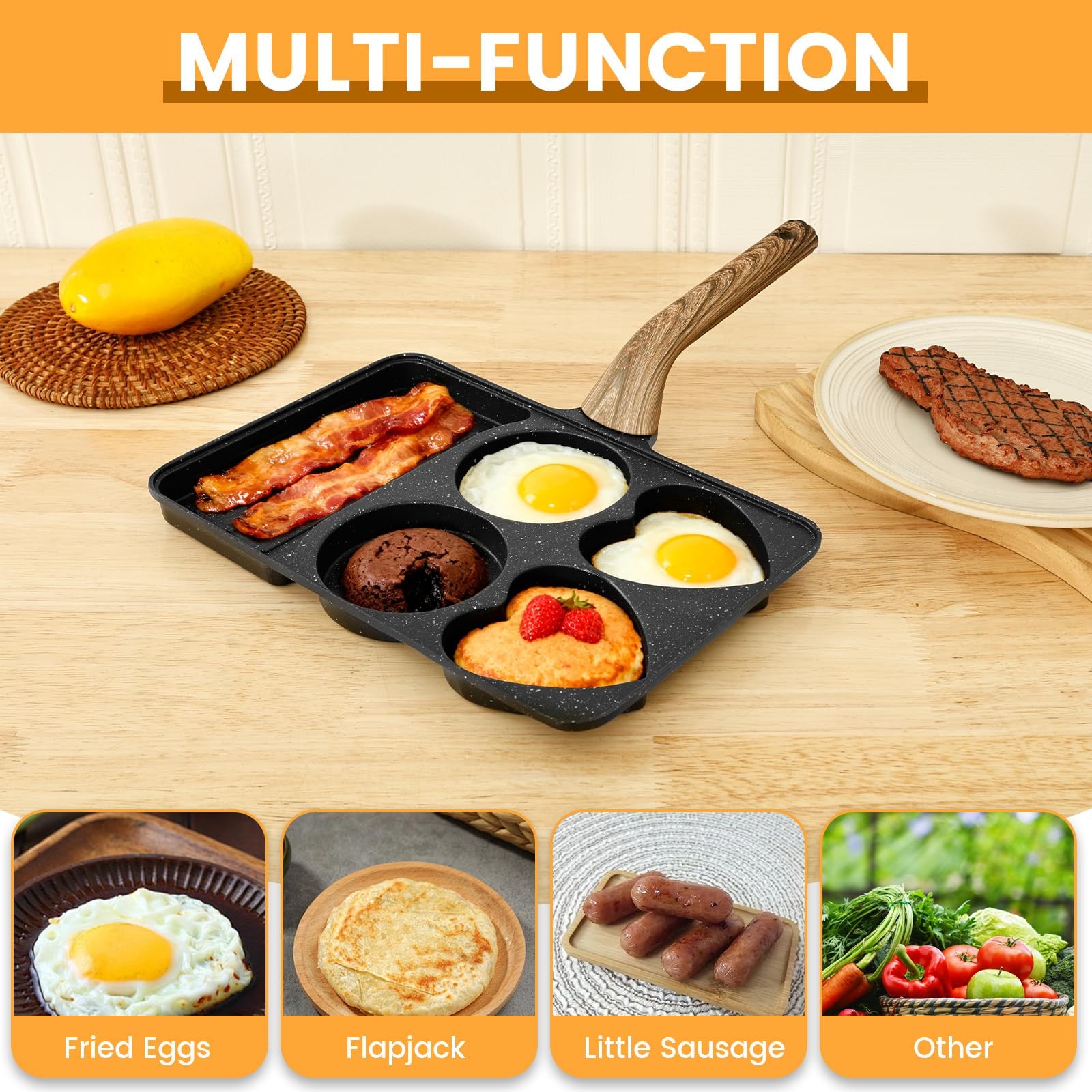 5 In 1 Divided Nonstick Grill Pan Omelette Egg Frying Skillet Induction Black
