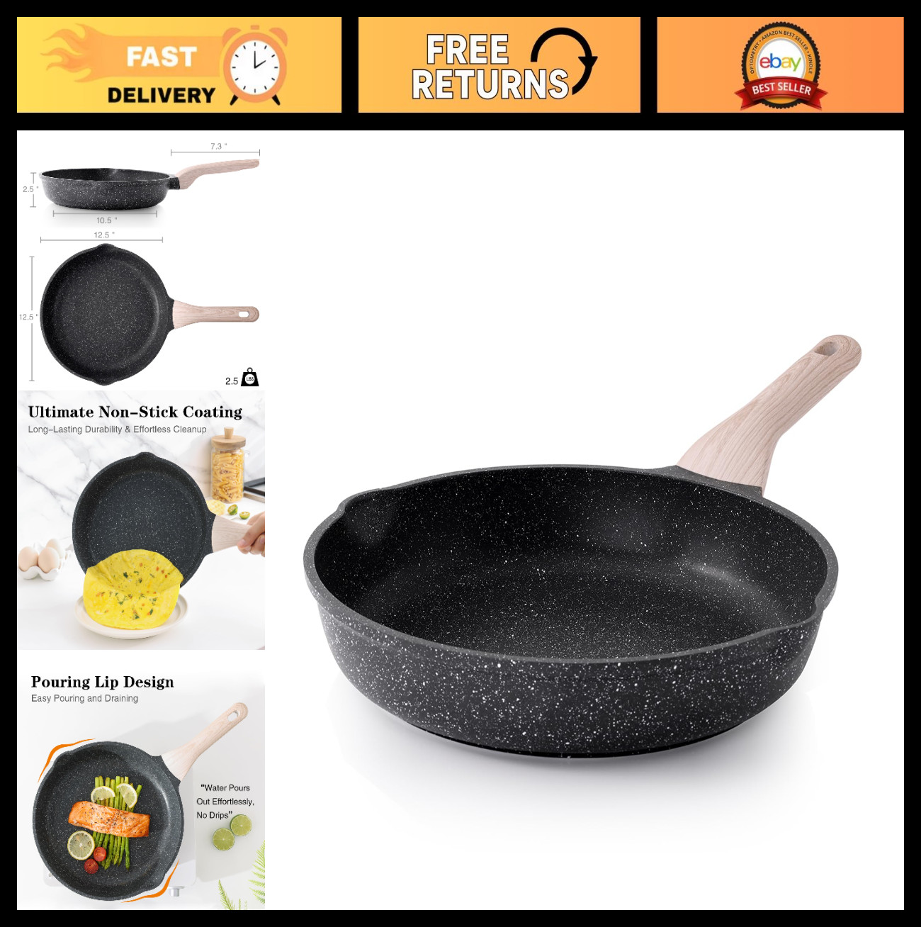 12.5″ Nonstick Frying Pan – Large Granite Skillet, Healthy & Induction Compatibl