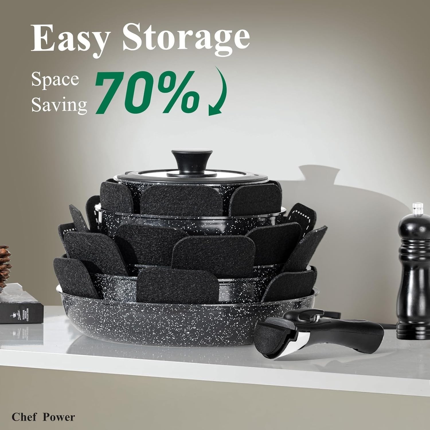Ceramic Nonstick Cookware Set 19 Piece with Detachable Handle, Induction Dishwas