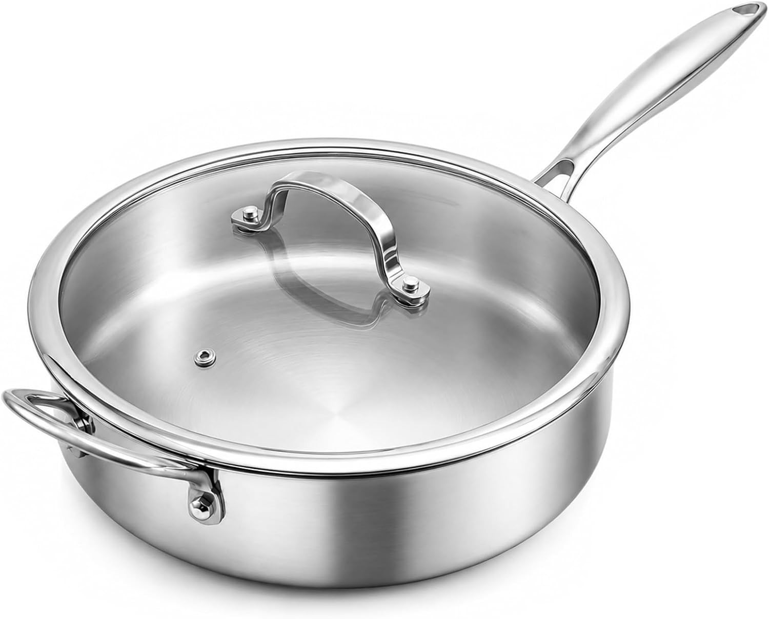 11 Inch Tri-Ply Stainless Steel Saute Pan with Glass Lid, 4.7 QT Deep Skillet