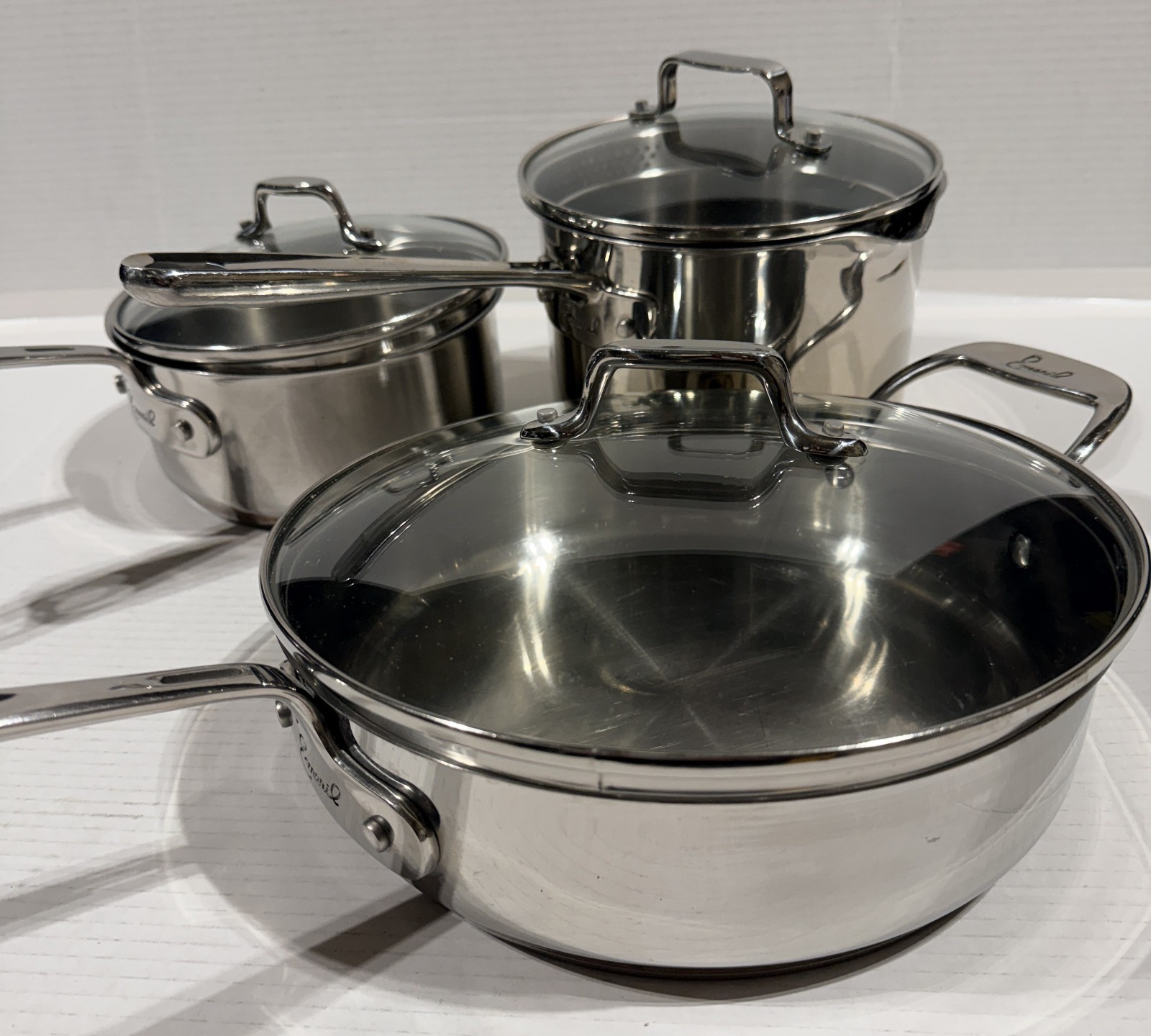 3 EMERIL – 1 & 1.5 qt Sauce Pots 3 qt Fry Pan Lids Stainless Steel Copper Core