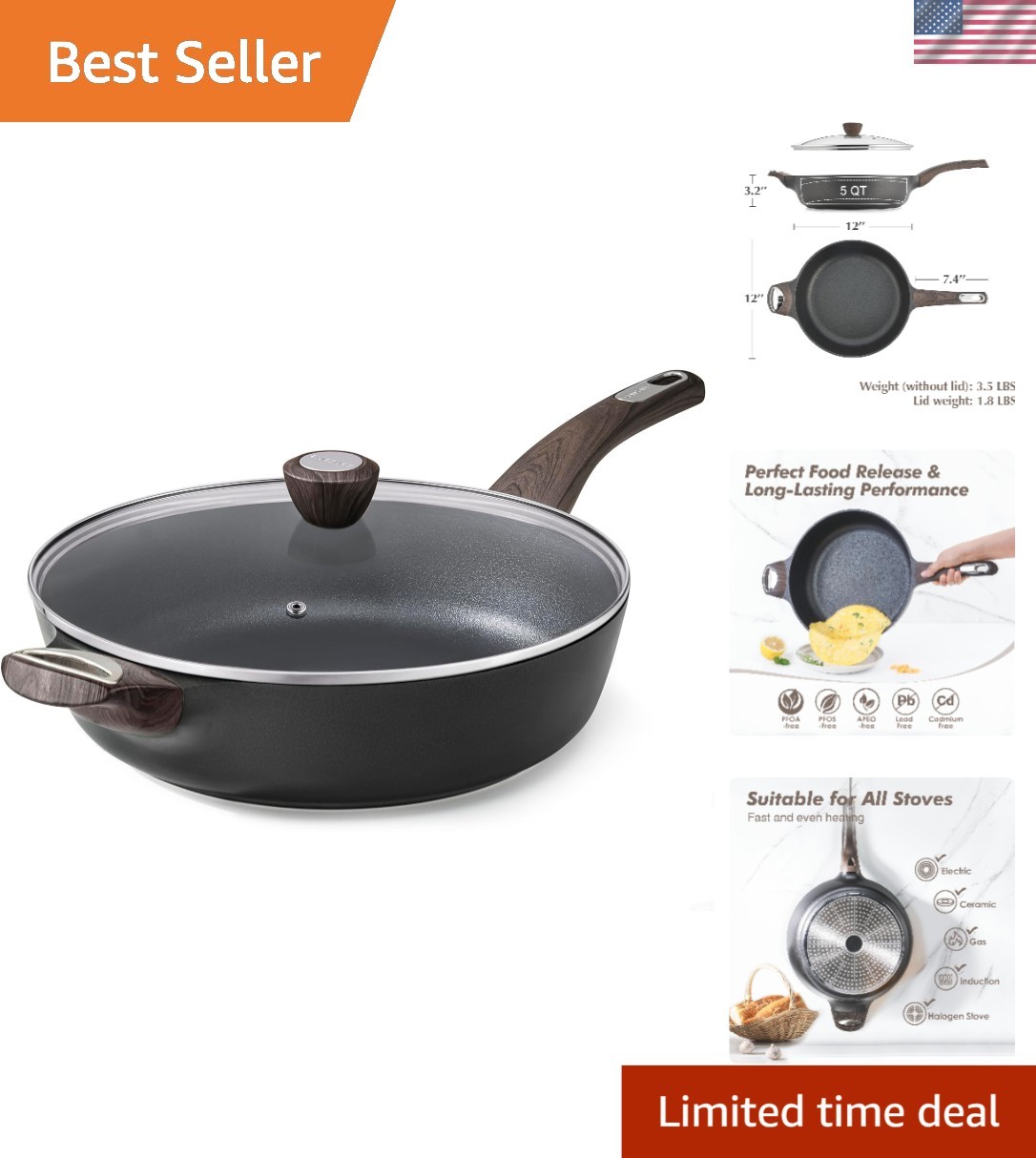 Nonstick Frying Pan Skillet with Lid 12 Inch 5 Qt Deep Saute Pan for Induction