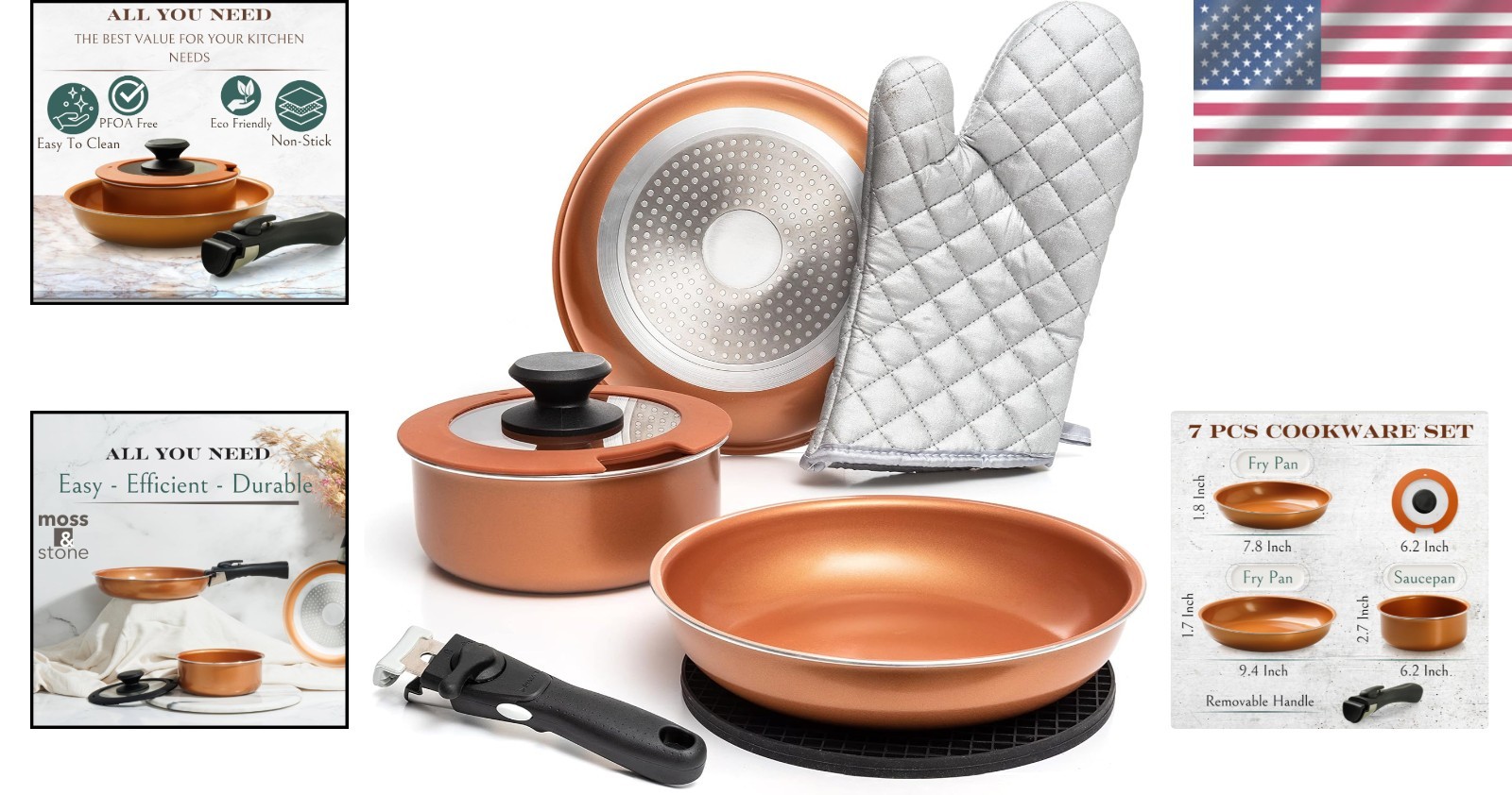 Elegant 7-Pc Copper Nonstick Pots and Pans Set – Removable Handles & Stackable