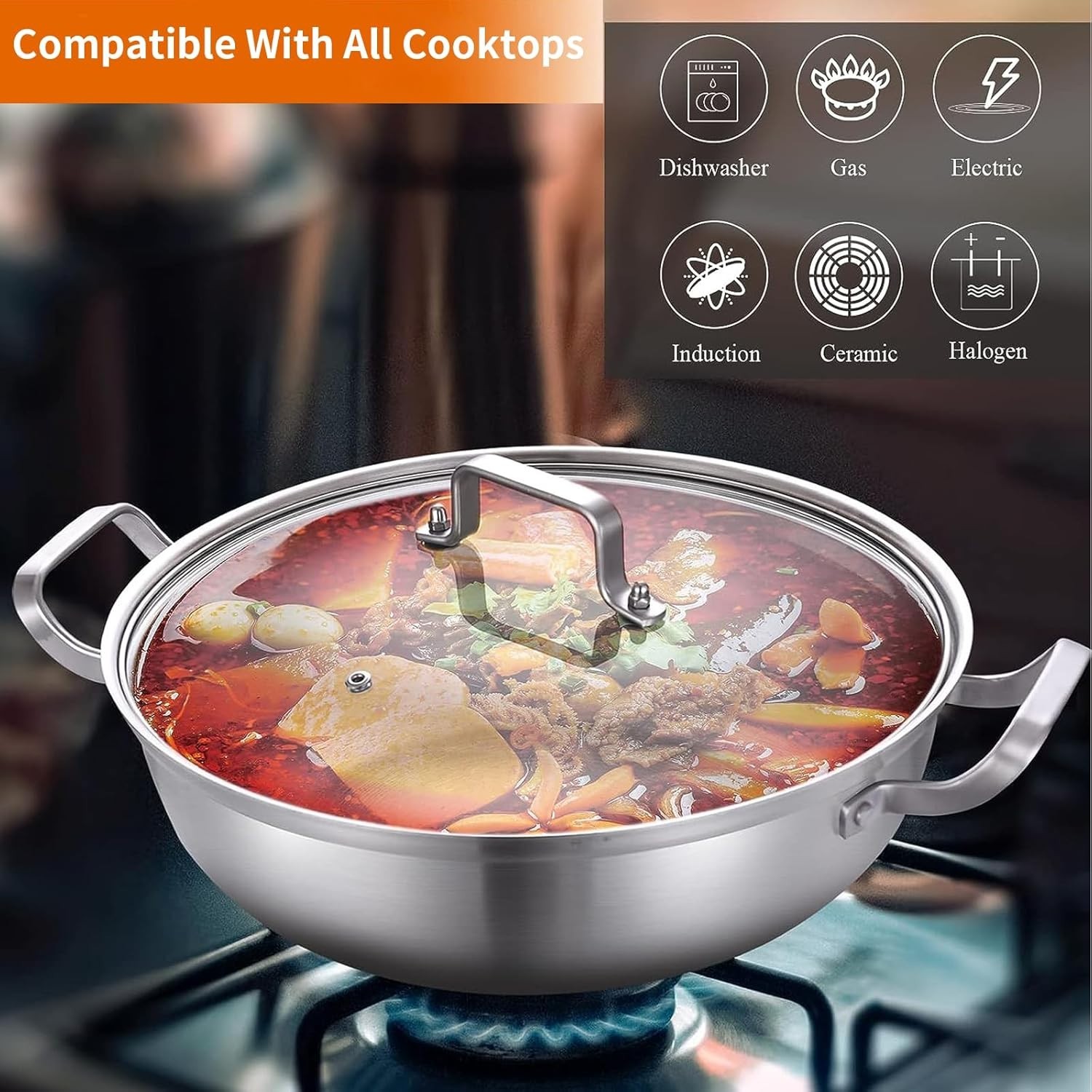 Sarten 11 pulgadas 3 capas acero de inoxidable 35QT con tapa apta induccion