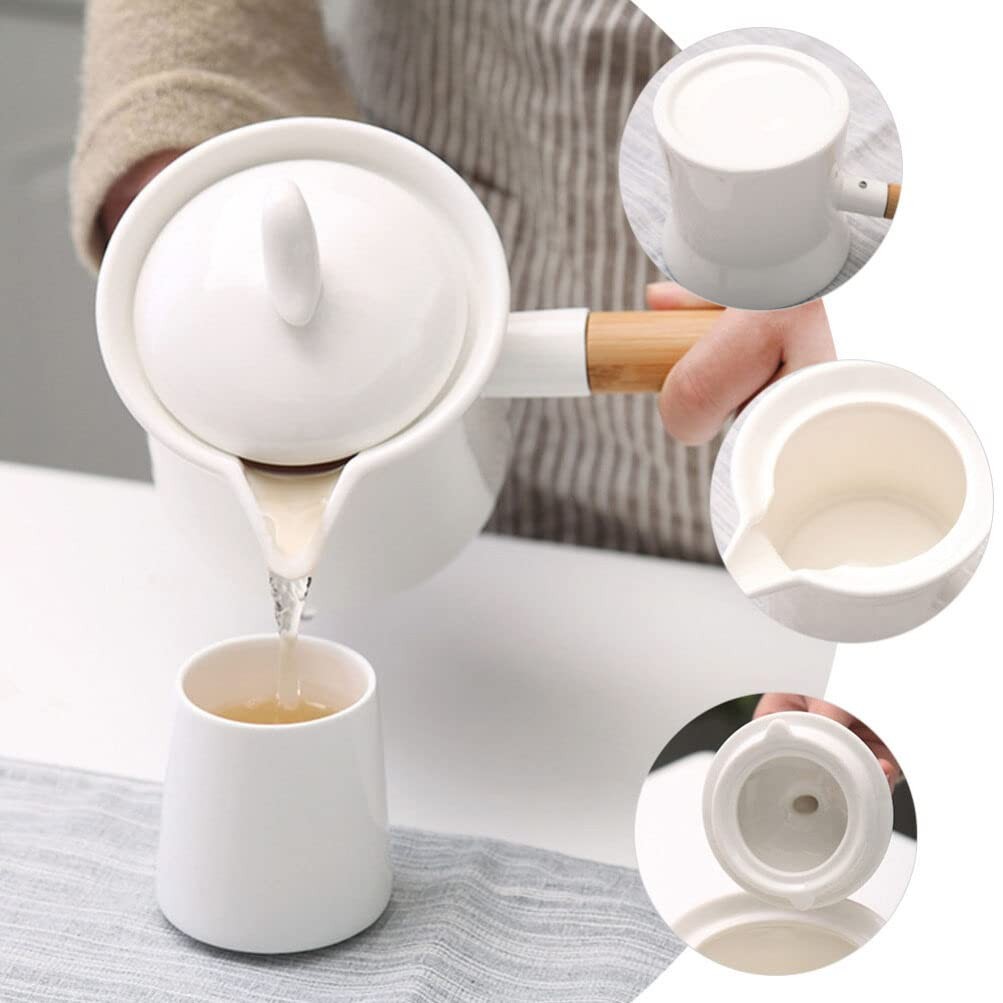 Mini Sauce Pan Ceramic Milk Pot 350ml With Lid Wooden Handle White Pour Spout