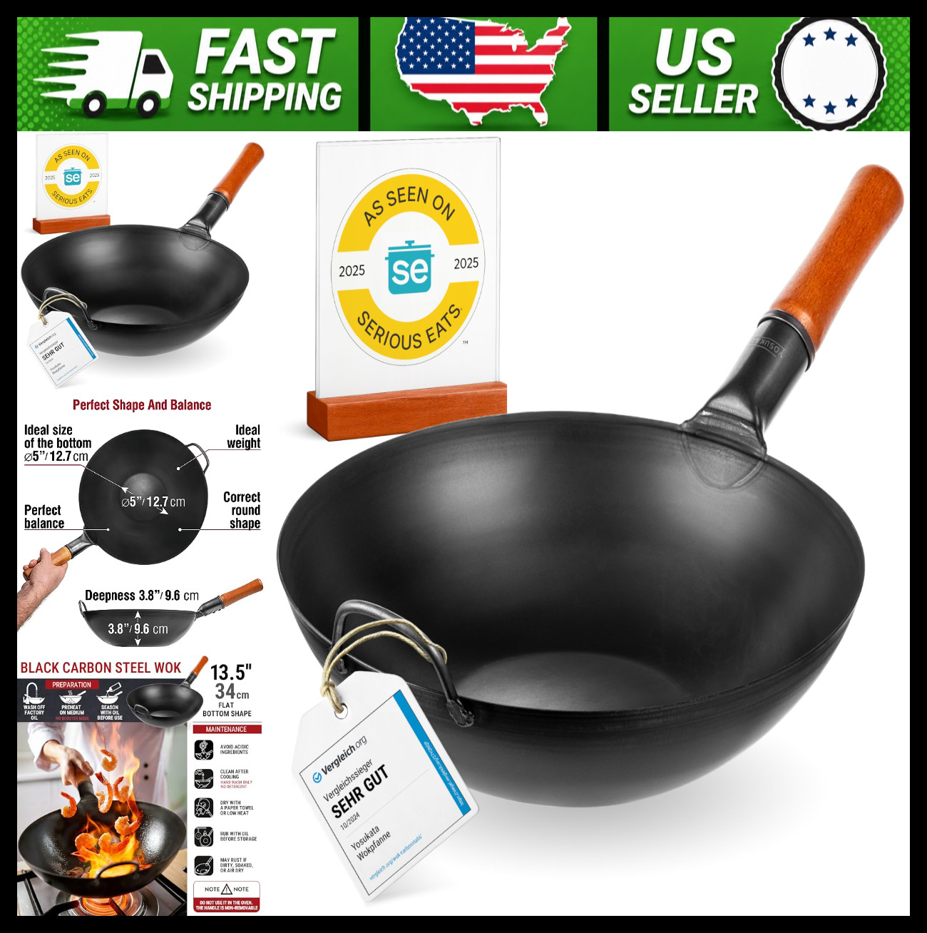 YOSUKATA 13.5″ Carbon Steel Wok Pan Pre-Seasoned Flat Bottom Stir Fry Cookware
