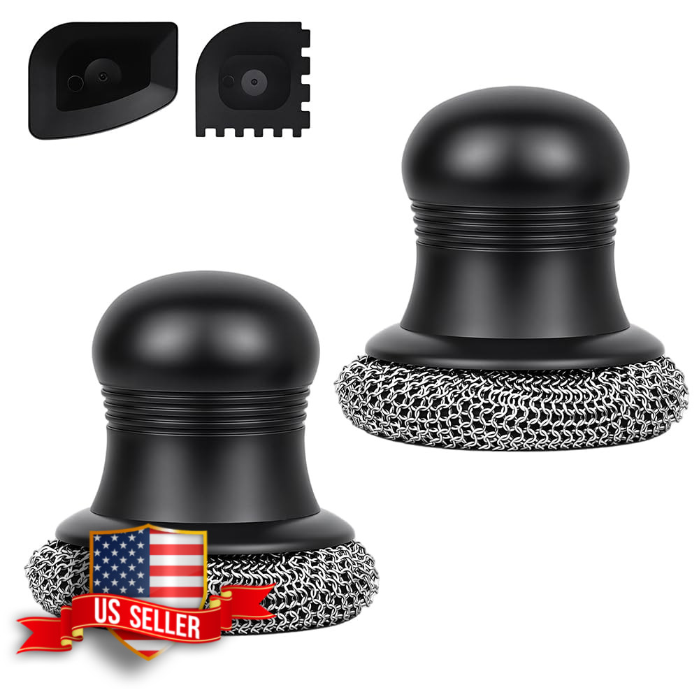 Cast Iron Scrubber with Pan Scraper for Skillet, Wok and Grill, 2 Pack
