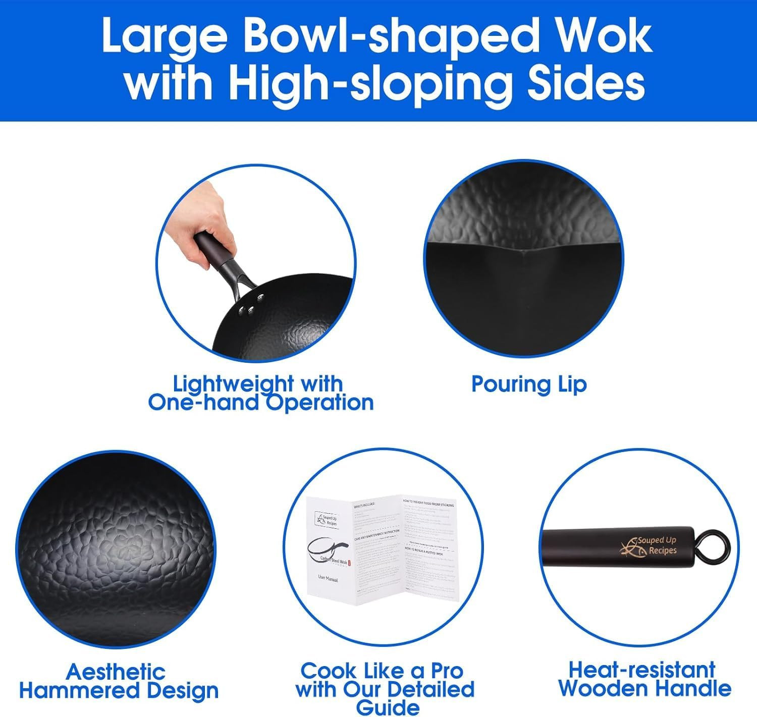 12.5 Inch Carbon Steel Wok for Electric, Induction and Gas Stoves (Lid, Spatula