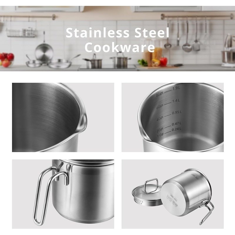 2 Quart Stainless Steel Saucepan W/ Glass Lid Strainer Cooking Pot Heavy Duty US